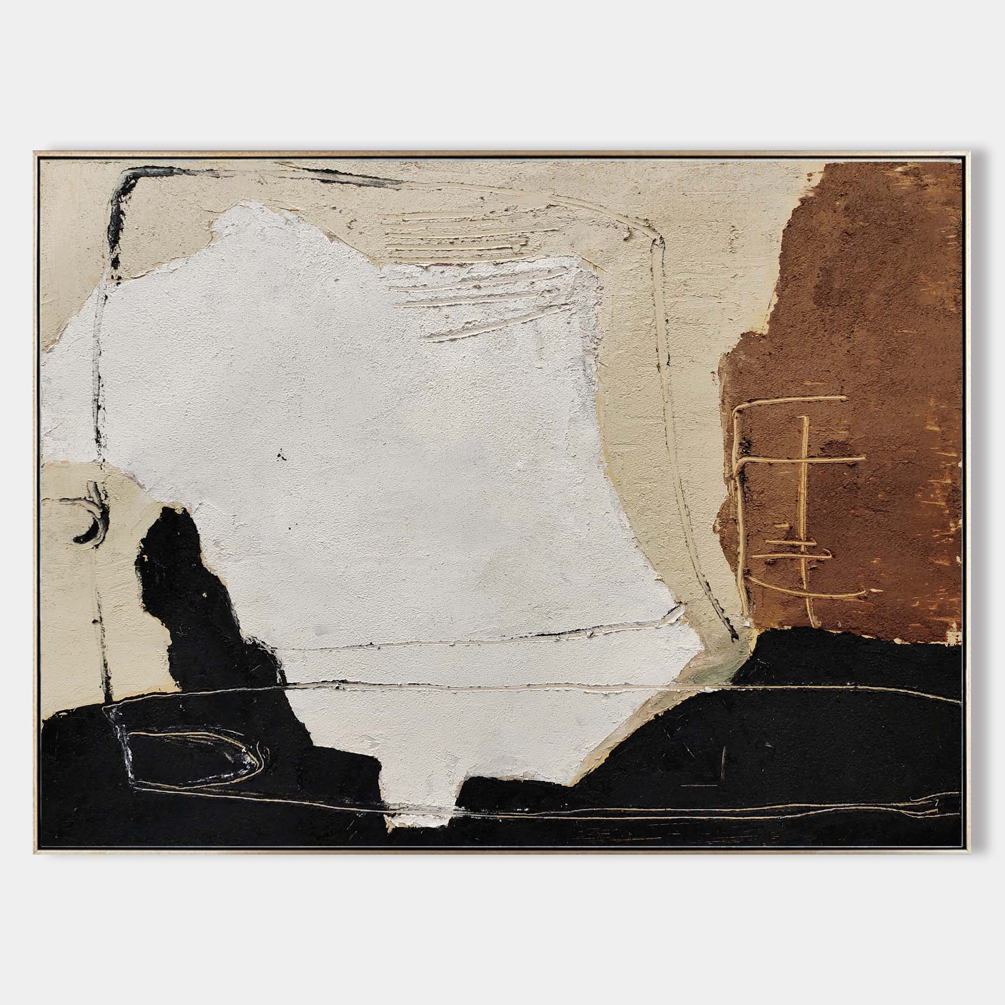 Original hand painted ivory sienna brown black abstract oil painting canvas wall art, nordic scandinavian minimalist elegant luxury mod