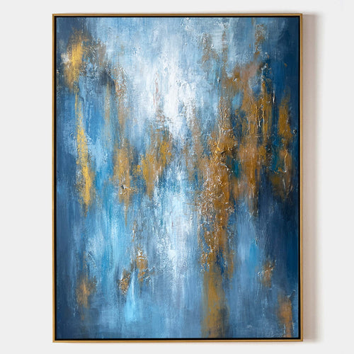 Original hand painted blue amber gold textured abstract oil painting canvas wall art, elegant luxury modern scandinavian coastal living