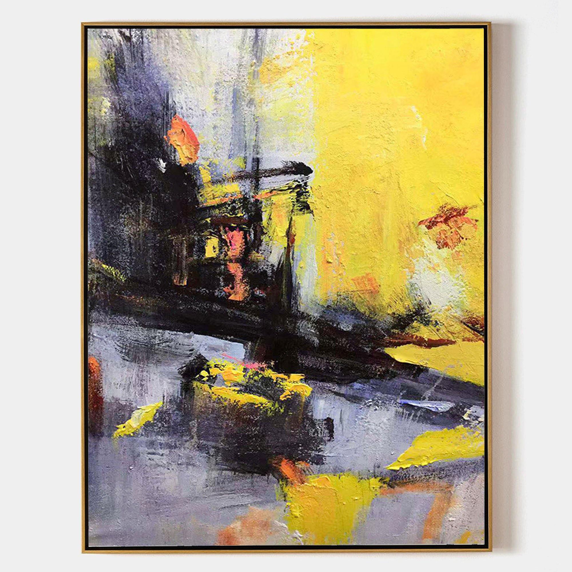 Original hand painted yellow black grey abstract oil painting canvas wall art, modern elegant luxury nordic scandinavian bold home deco