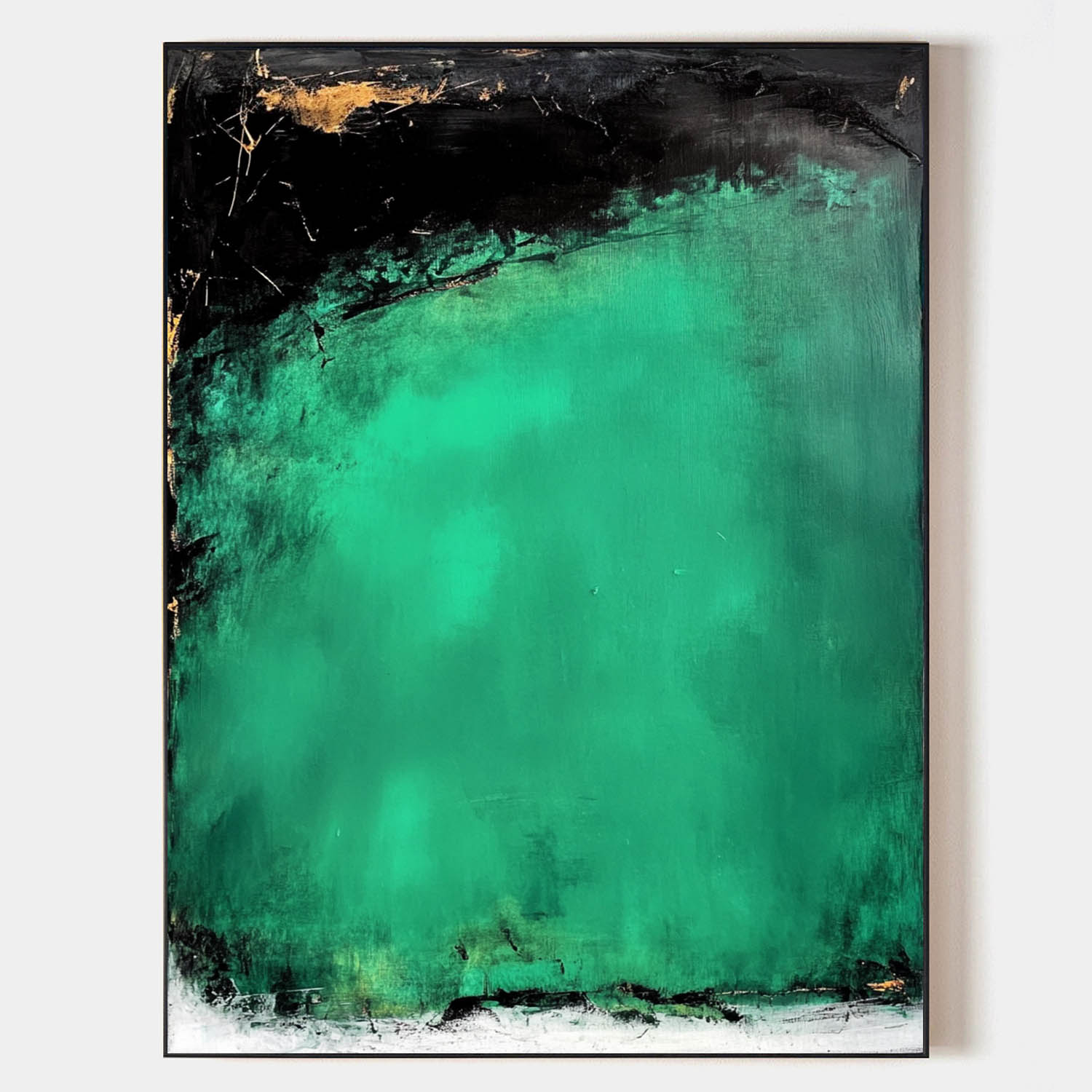 Original hand painted emerald green black gold abstract oil painting canvas wall art, nordic scandinavian elegant luxury modern living