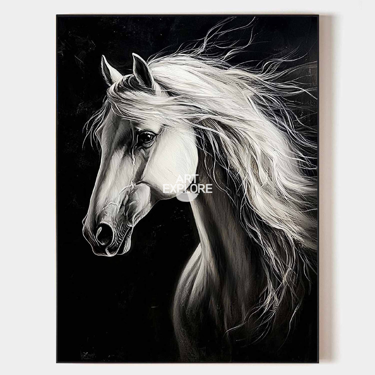 Original hand painted black white horse oil painting canvas wall art, elegant luxury modern nordic scandinavian minimalist home decor i
