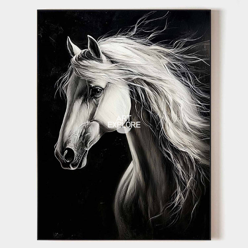 Original hand painted black white horse oil painting canvas wall art, elegant luxury modern nordic scandinavian minimalist home decor i