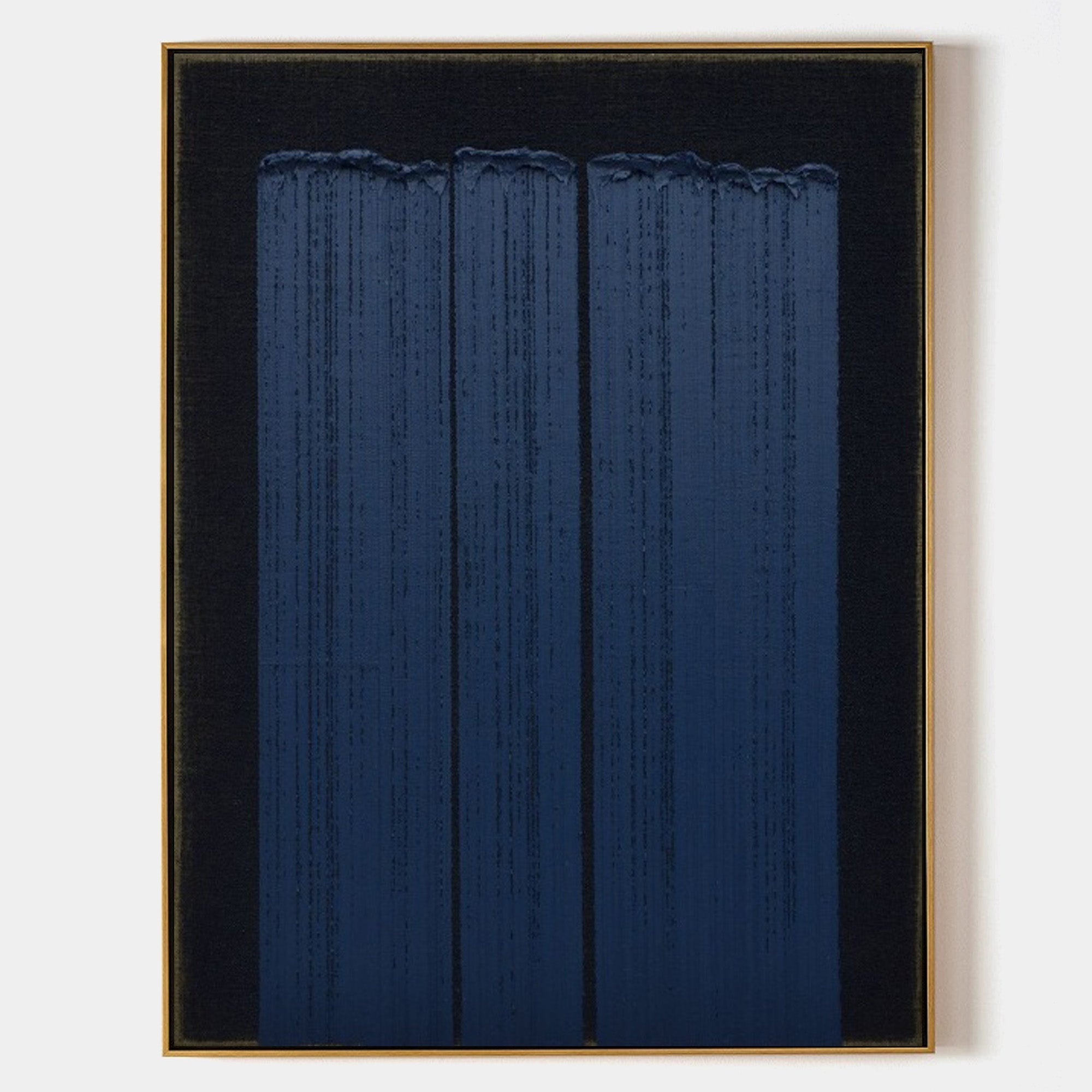 Original hand painted navy blue vertical drip abstract oil painting canvas wall art, nordic scandinavian minimalist elegant luxury mode