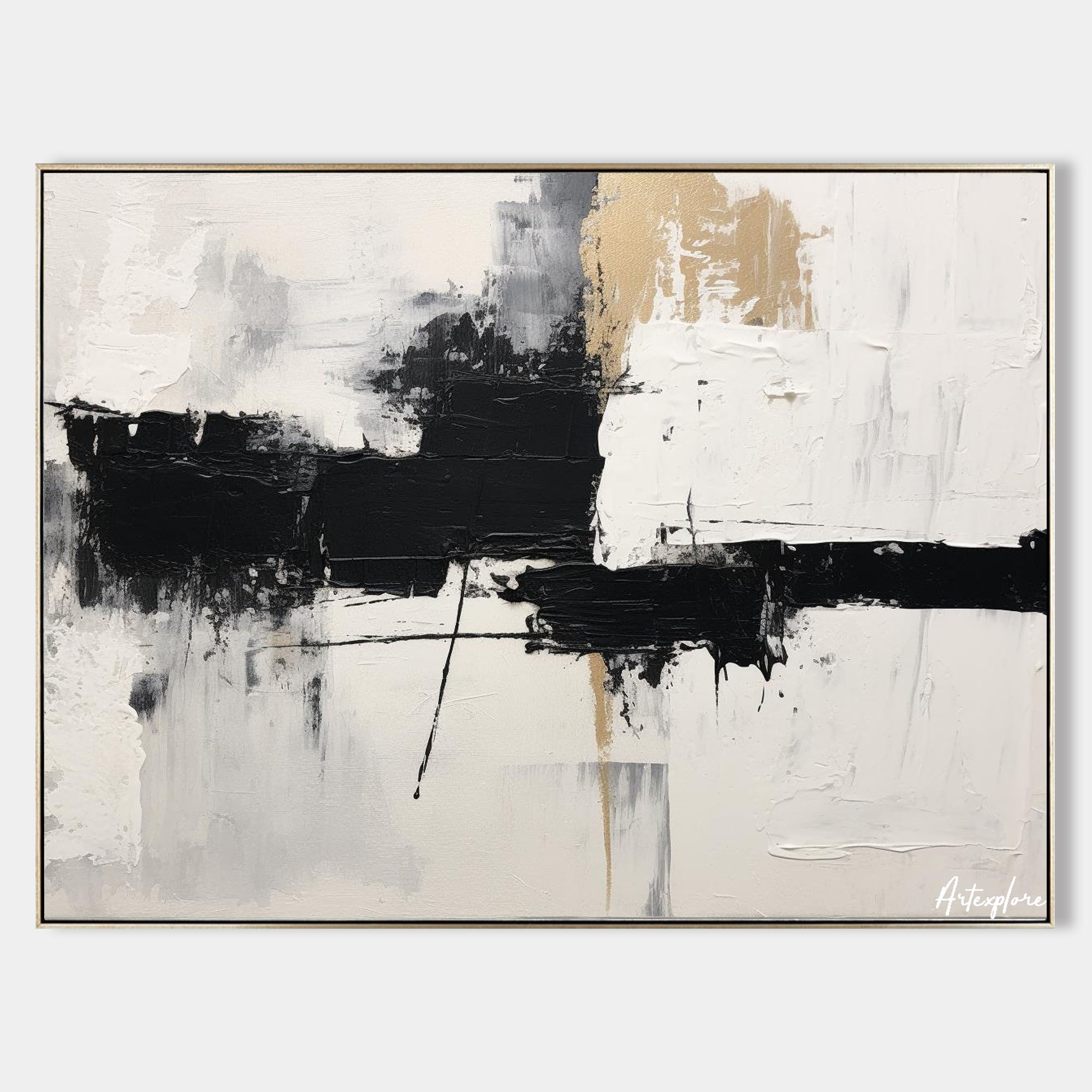 Original hand painted black ivory gold abstract oil painting canvas wall art, nordic scandinavian minimalist elegant luxury modern livi