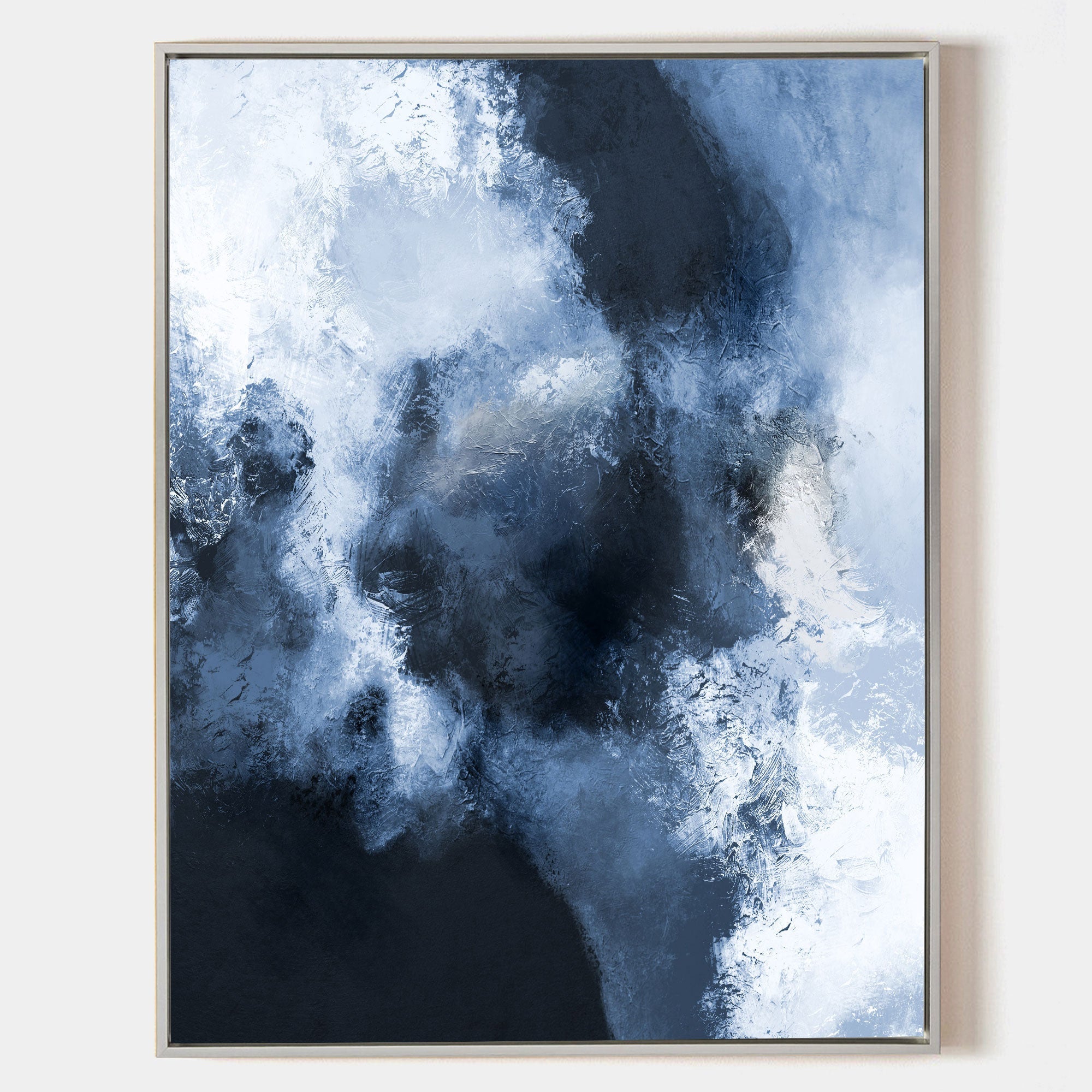 Original hand painted navy blue white abstract cloud oil painting canvas wall art, nordic scandinavian elegant luxury modern living roo