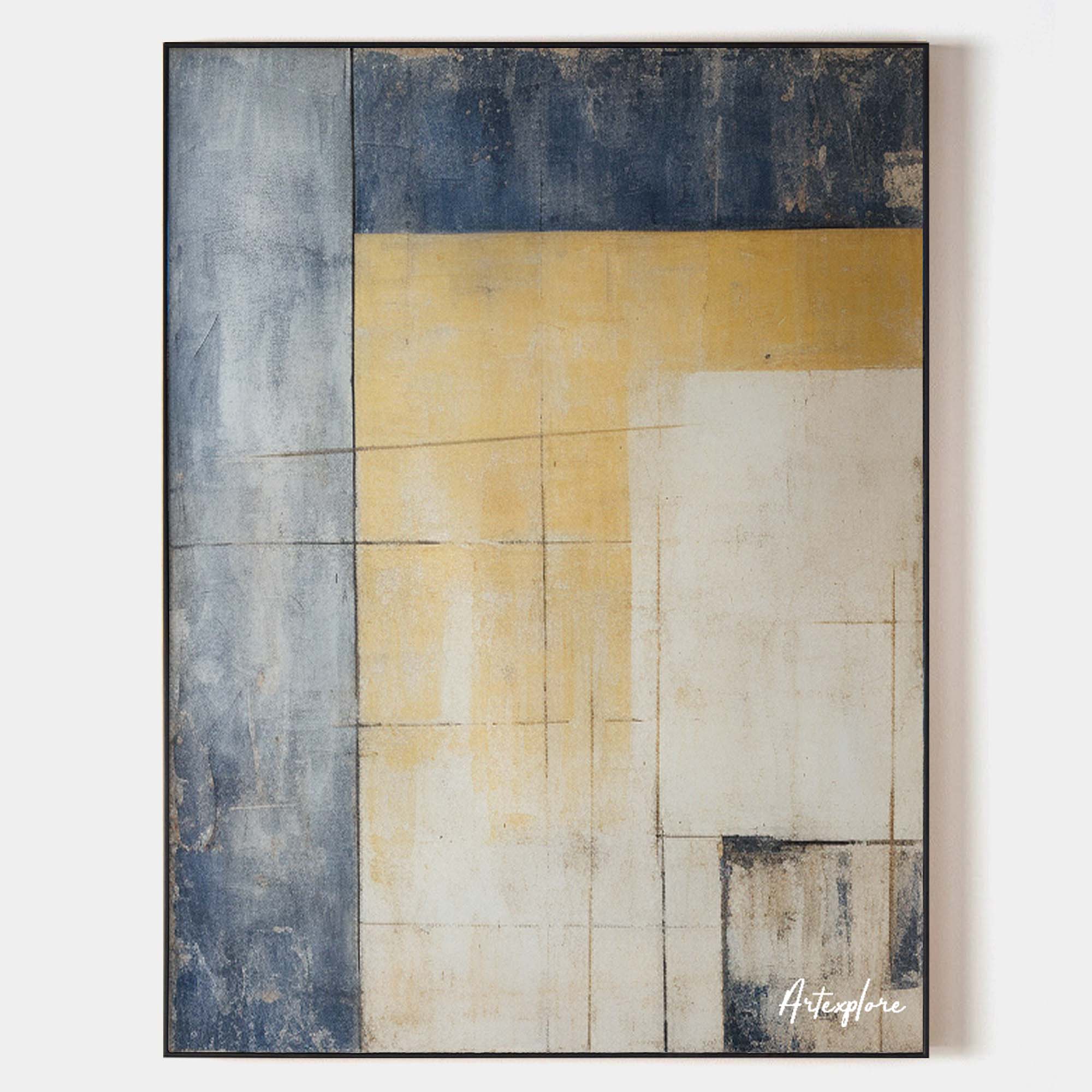 Original hand painted navy ochre ivory geometric abstract oil painting canvas wall art, nordic scandinavian minimalist elegant luxury m