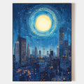 Original hand painted deep blue city skyline moon oil painting canvas wall art, modern elegant luxury nordic scandinavian home decor in