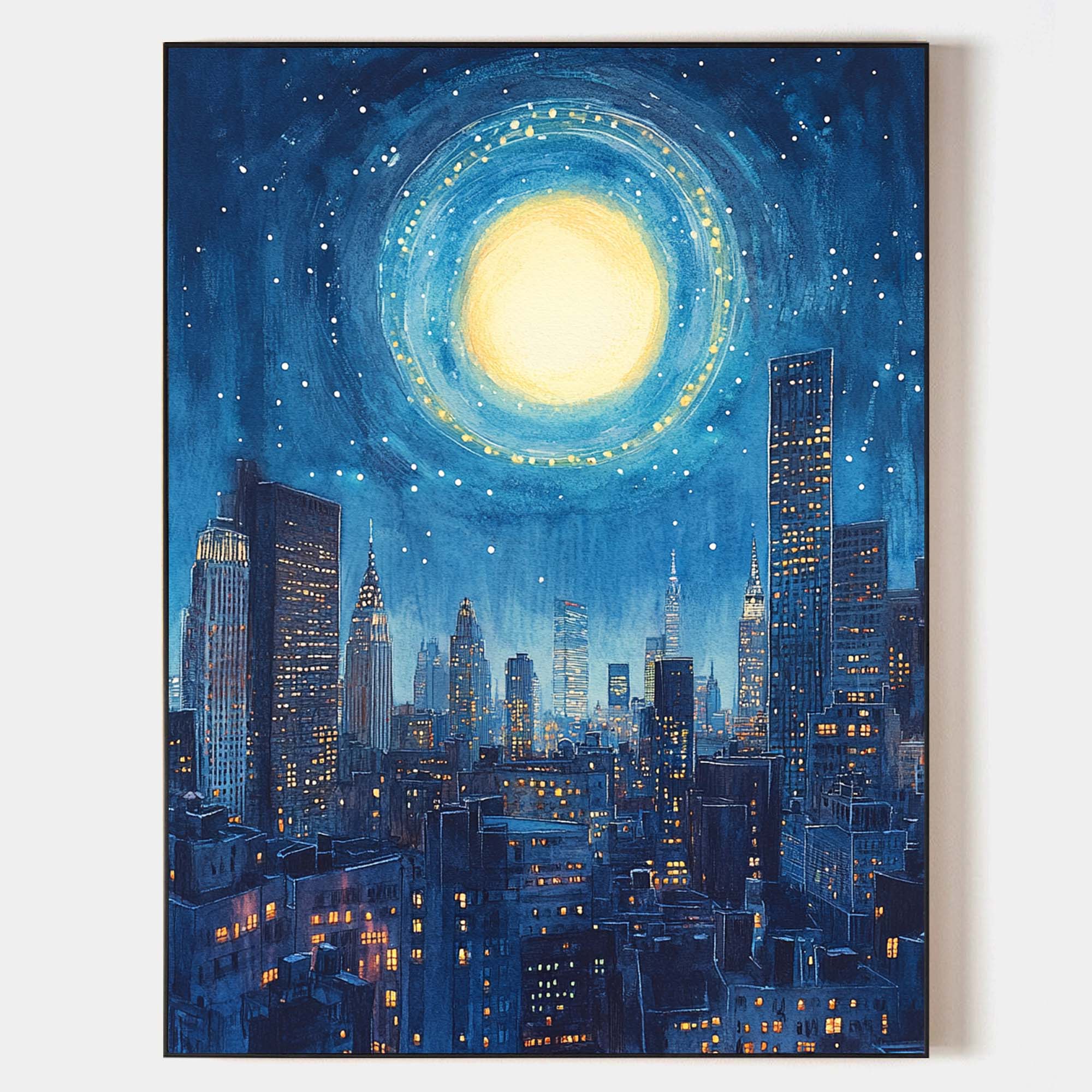 Original hand painted deep blue city skyline moon oil painting canvas wall art, modern elegant luxury nordic scandinavian home decor in