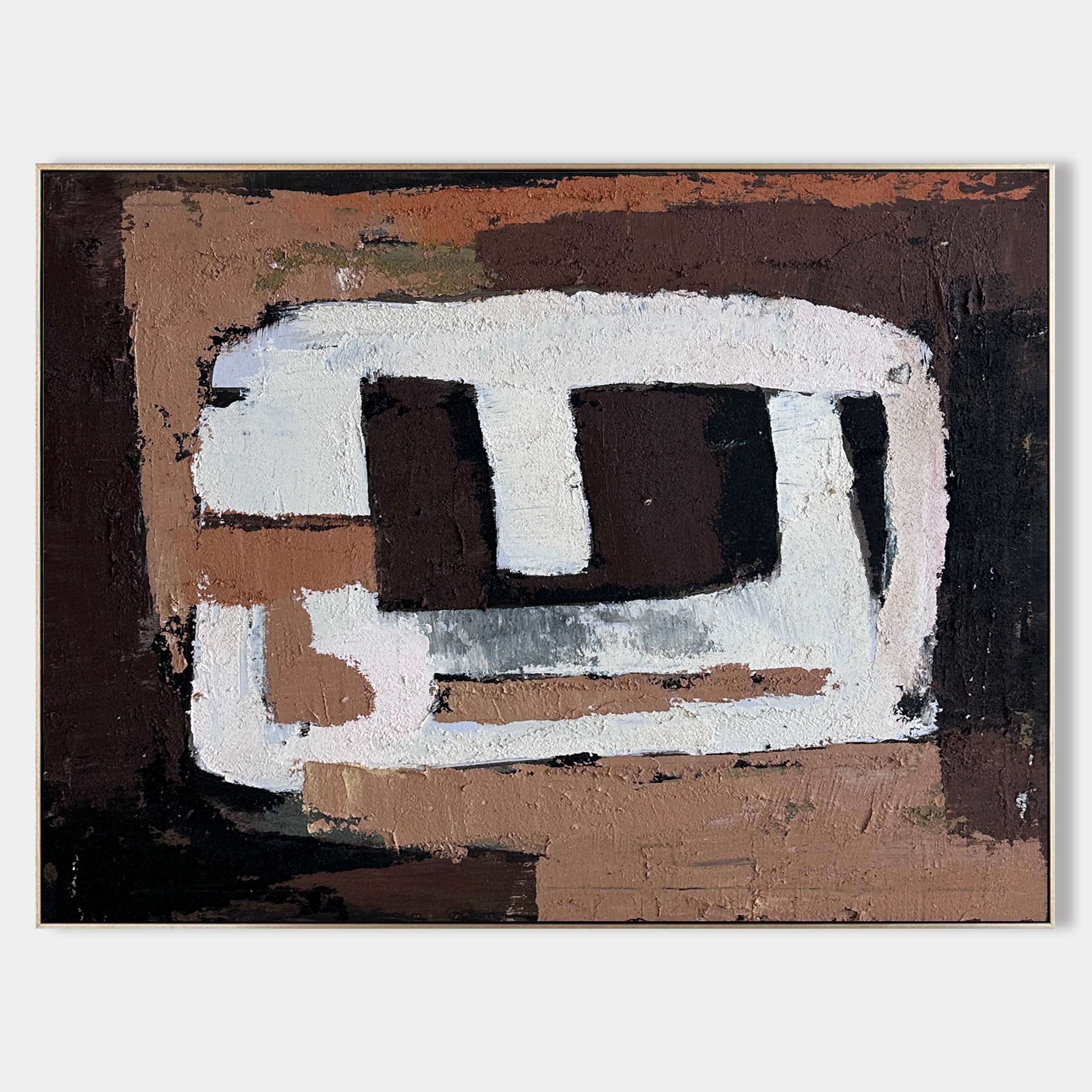 Original hand painted sienna brown geometric abstract oil painting canvas wall art, bold white shapes, nordic modern elegant luxury hom
