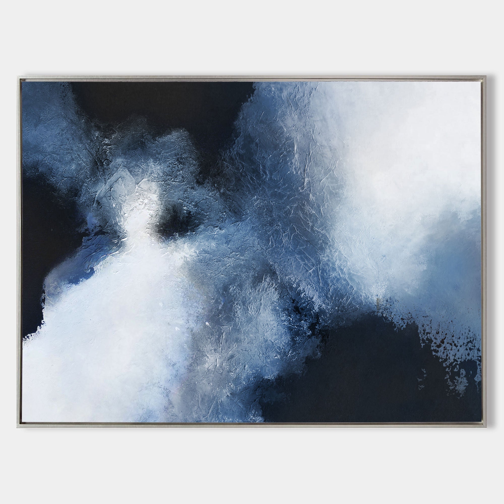 Original hand painted navy indigo white abstract ocean oil painting canvas wall art, nordic scandinavian coastal elegant luxury modern