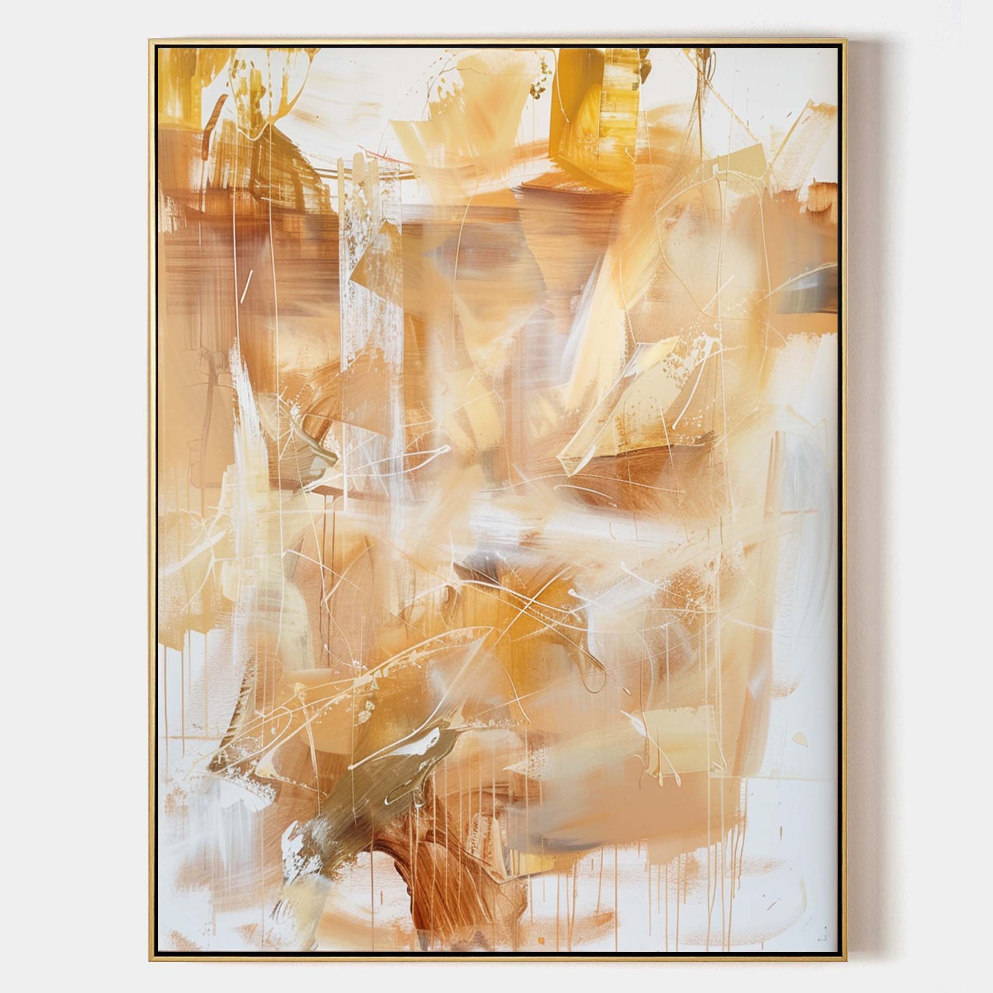 Original hand painted warm gold amber ivory abstract oil painting canvas wall art, modern elegant luxury nordic scandinavian home decor