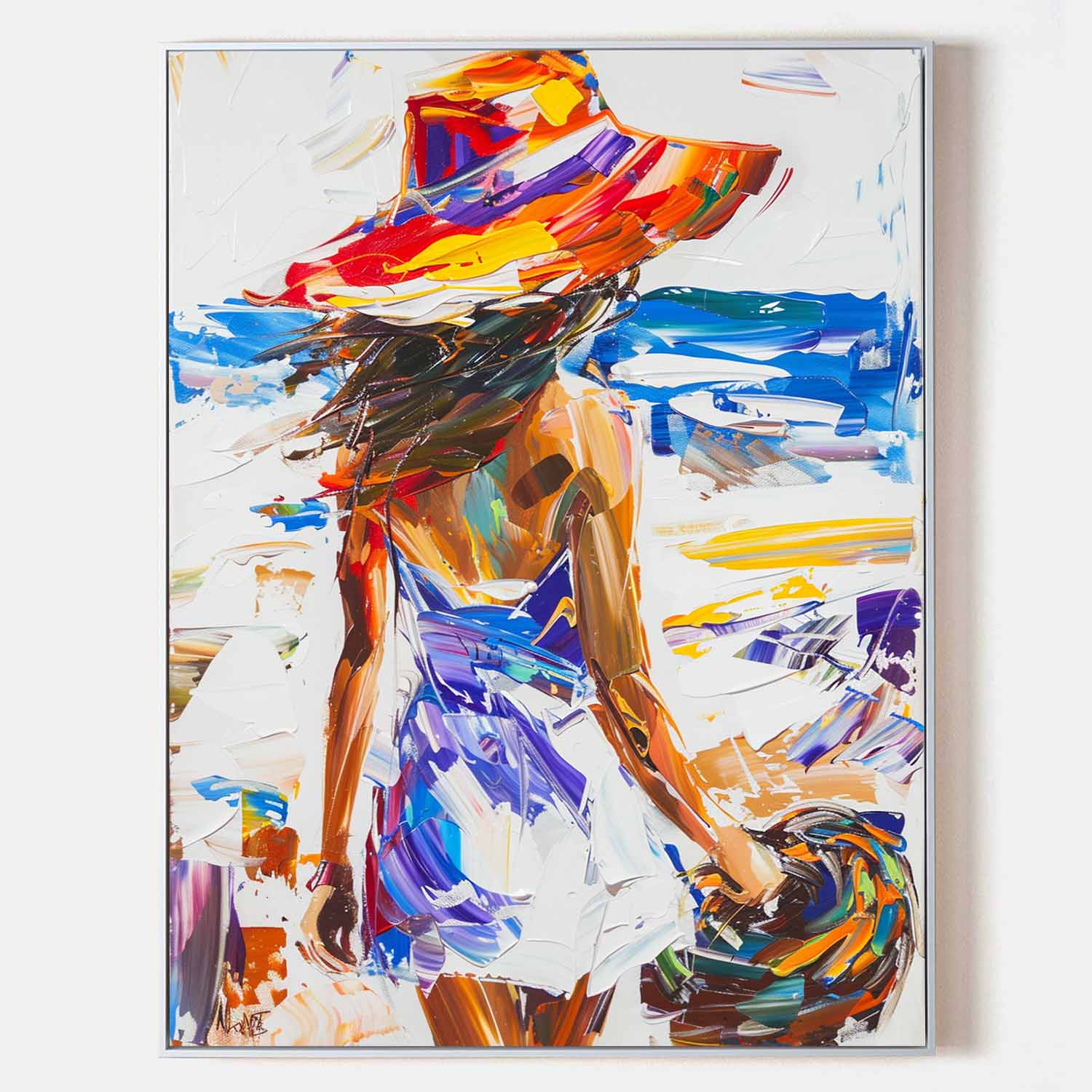 Original hand painted vibrant coastal abstract oil painting canvas wall art, elegant luxury modern beach silhouette home decor interior