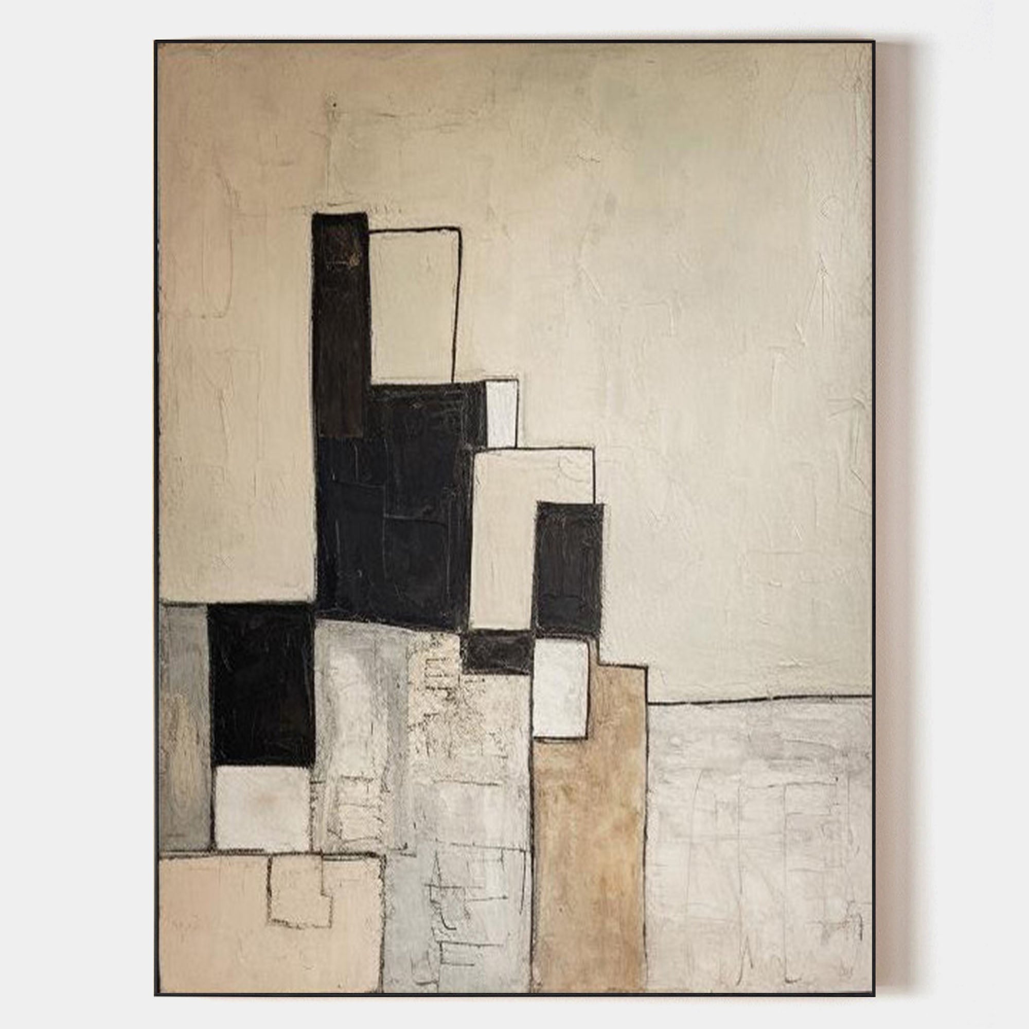 Original hand painted black ivory geometric abstract oil painting canvas, textured nordic scandinavian minimalist elegant luxury modern