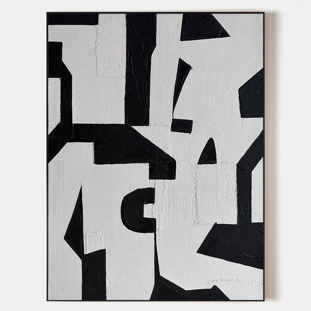 Original hand painted black white geometric abstract oil painting canvas wall art, nordic scandinavian minimalist elegant luxury modern