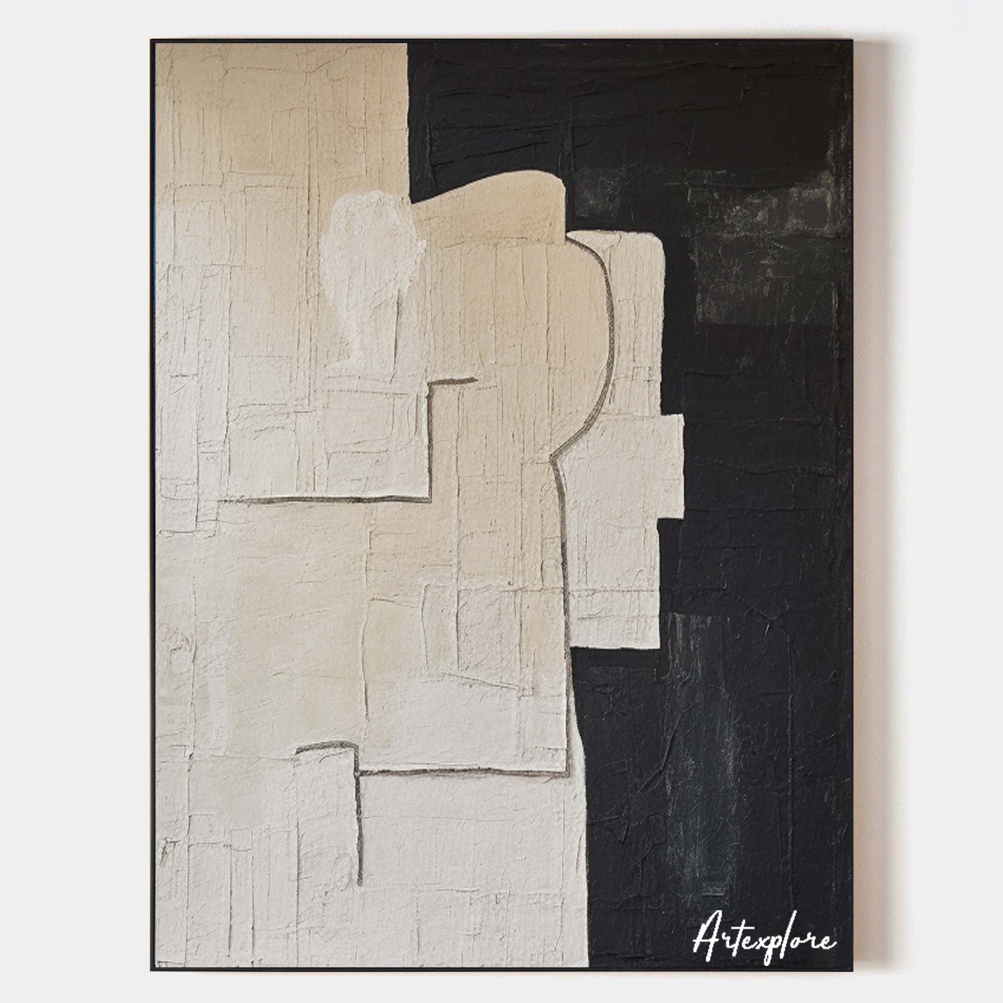 Original hand painted black ivory geometric abstract oil painting canvas wall art, nordic scandinavian minimalist elegant luxury modern