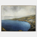 Original hand painted coastal oil painting deep blue bay golden rocky cliffs stormy sky elegant luxury modern nordic scandinavian canva