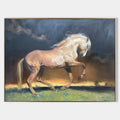 Original hand painted palomino horse oil painting canvas wall art, stormy dusk gold blue sky, elegant luxury modern classic home decor