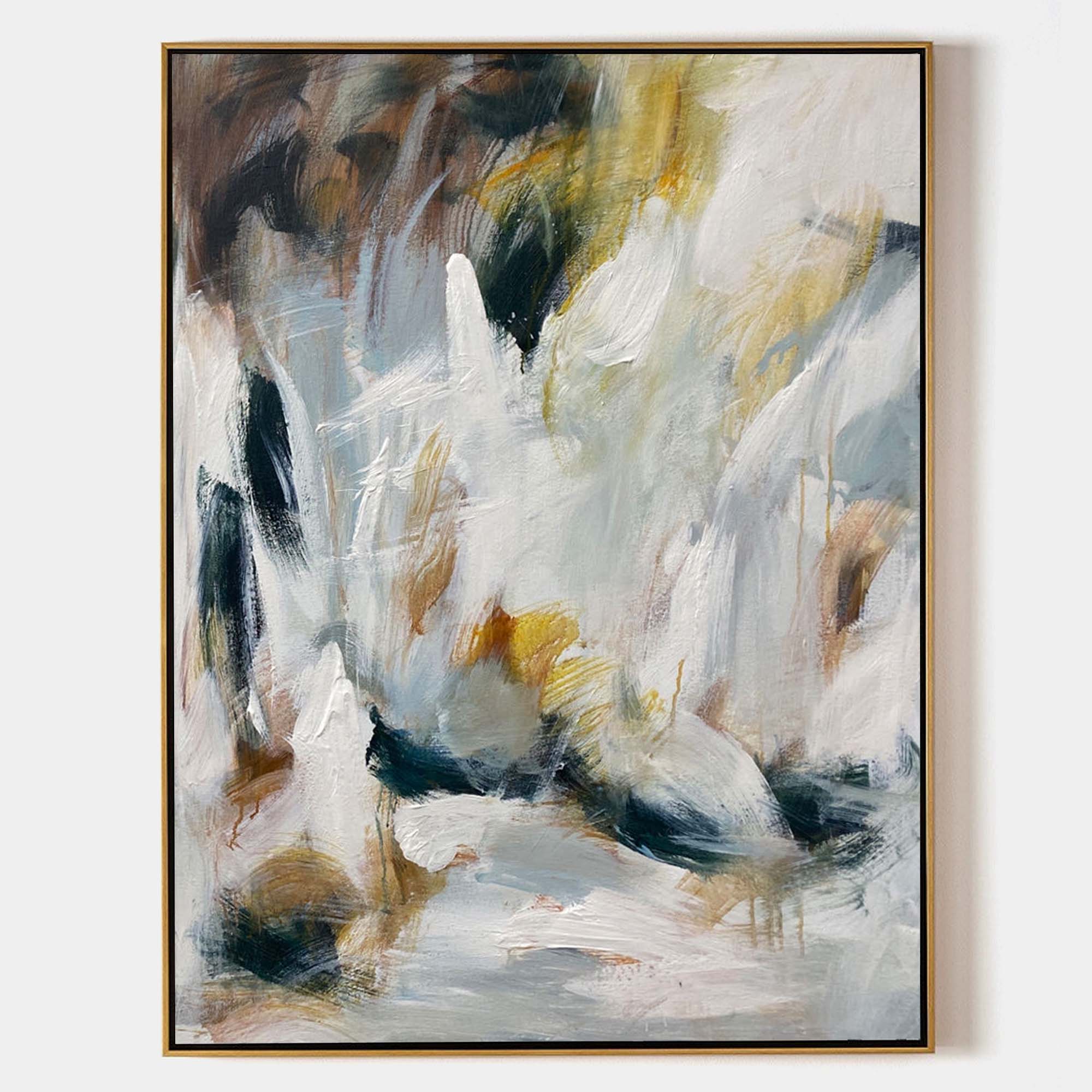 Original hand painted white amber teal abstract oil painting canvas wall art, nordic scandinavian elegant luxury modern living room hom