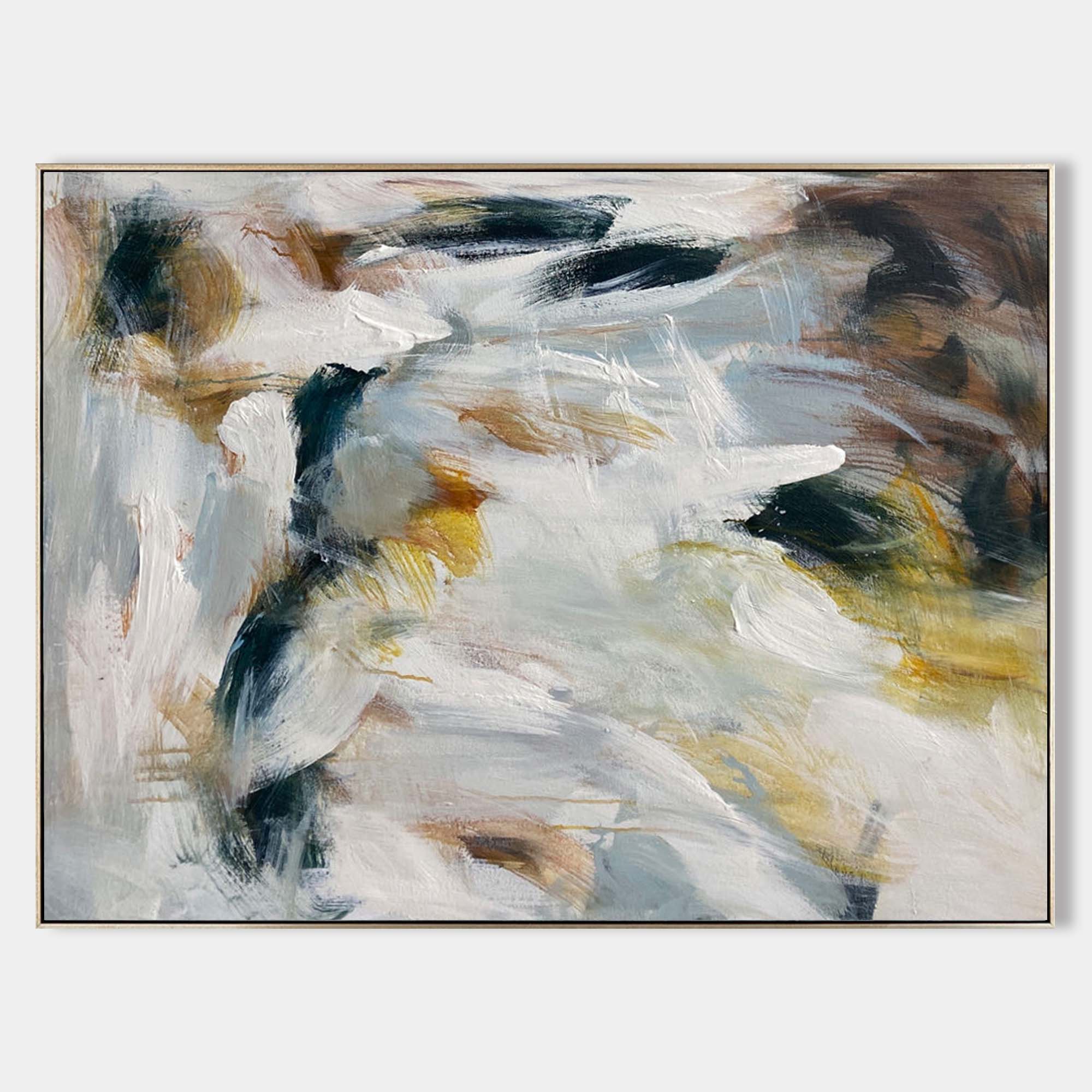 Original hand painted amber ivory teal abstract oil painting canvas wall art, nordic scandinavian elegant luxury modern living room hom