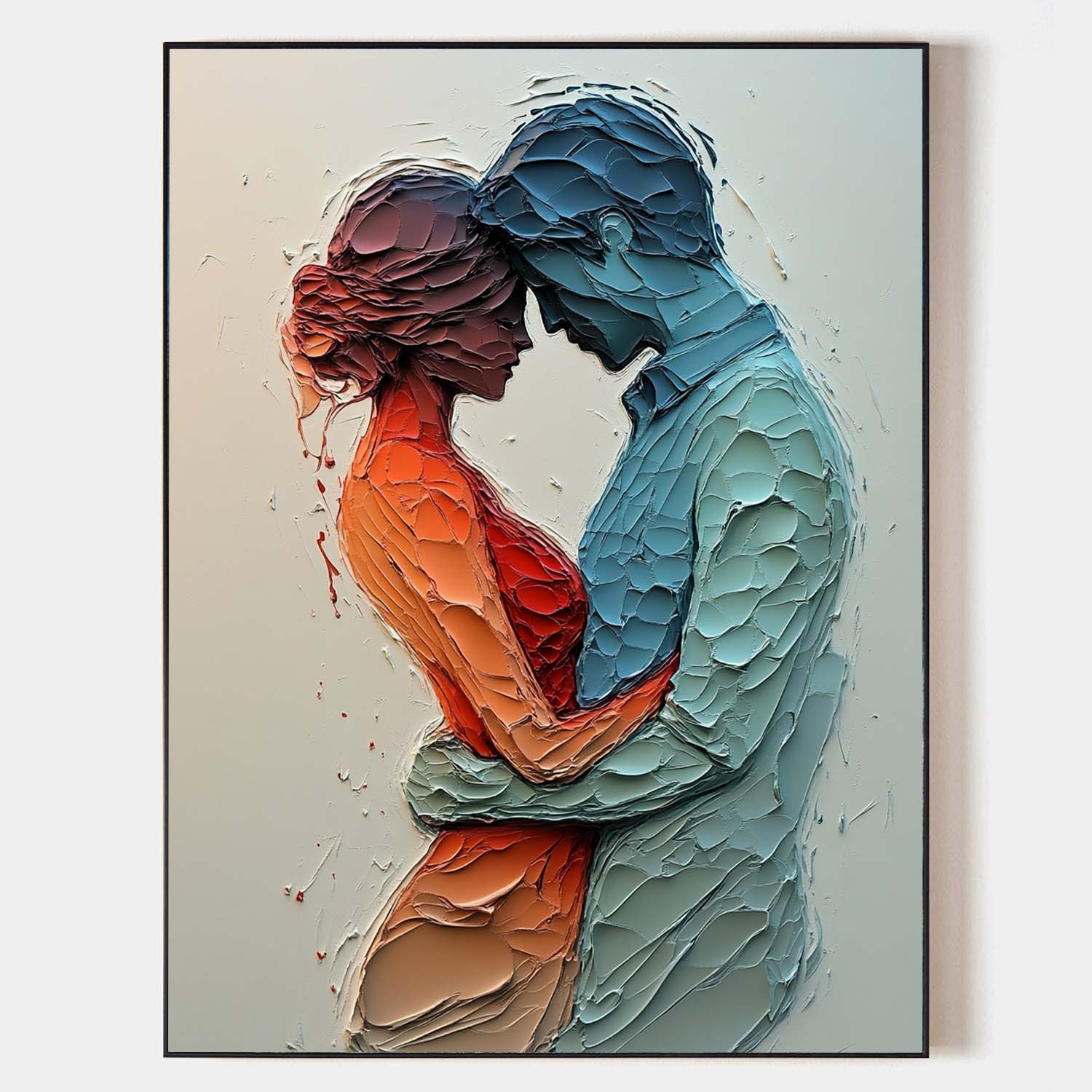 Original hand painted orange teal abstract couple embrace oil painting canvas wall art, modern elegant luxury nordic scandinavian home