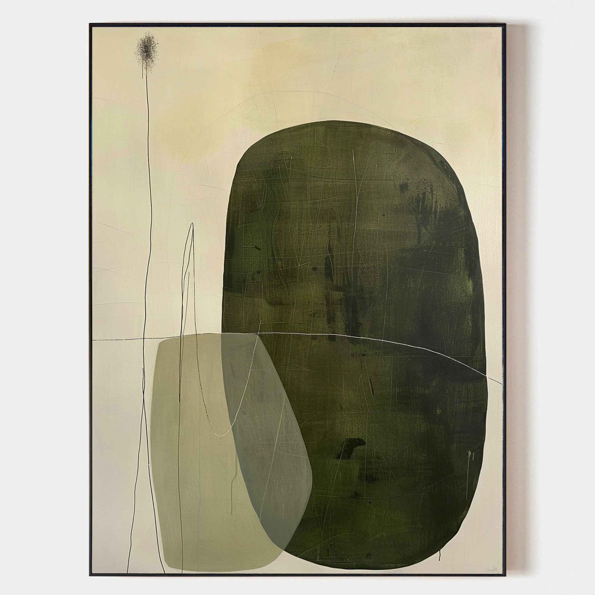 Original hand painted olive green abstract oil painting canvas wall art, textured organic shapes nordic scandinavian minimalist elegant
