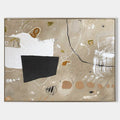 Original hand painted beige abstract oil painting canvas wall art, black white geometric shapes textured brushwork nordic scandinavian