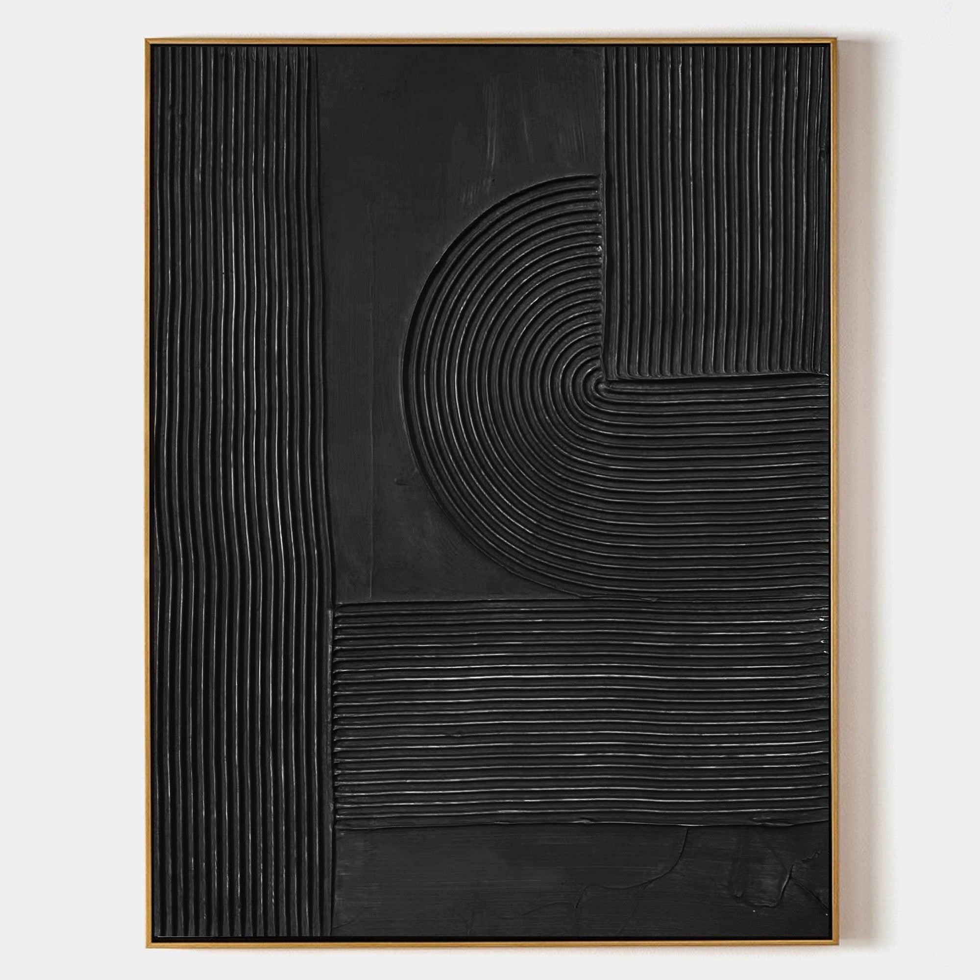 Original hand painted black textured abstract oil painting canvas wall art, raised geometric ridges arcs nordic scandinavian minimalist