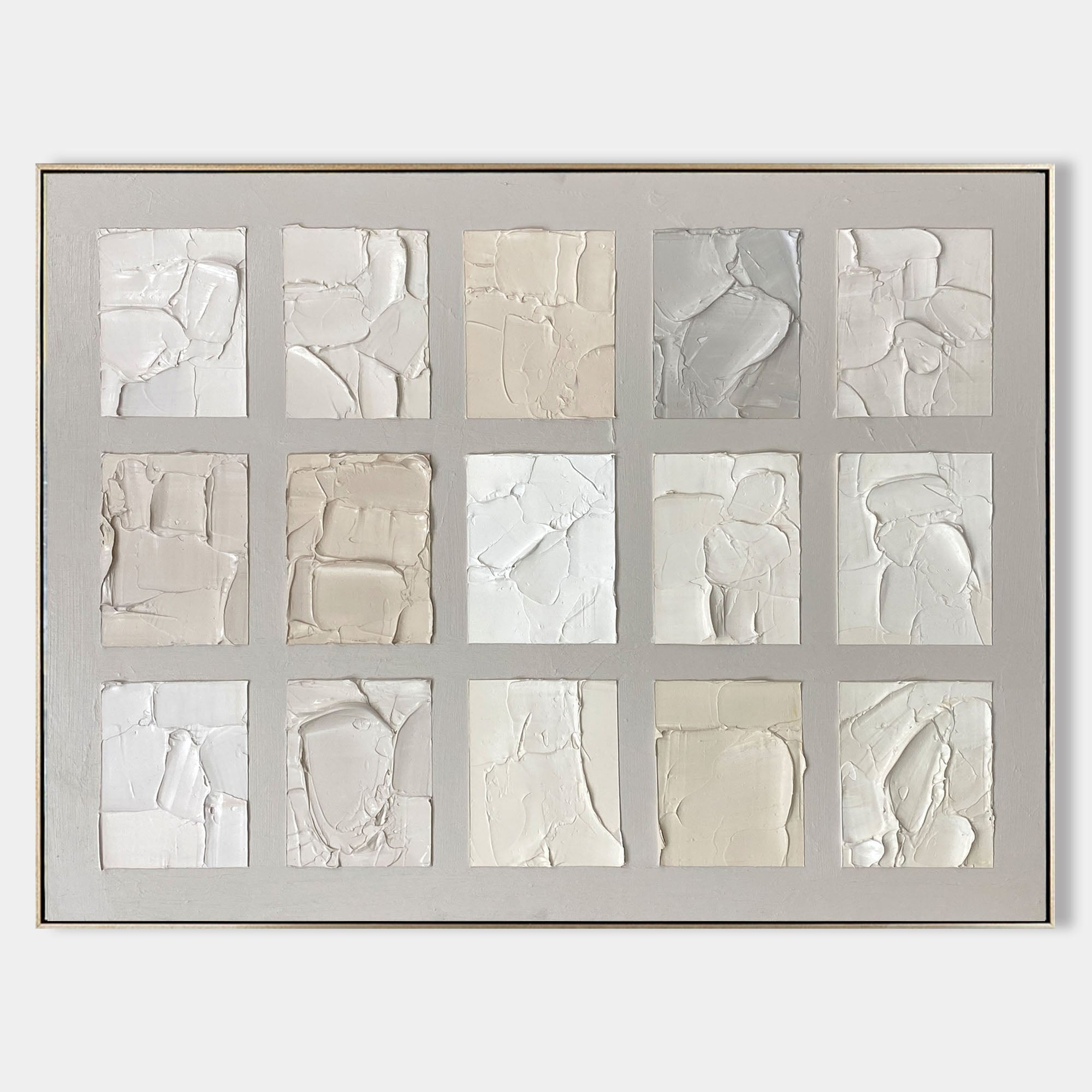 Original hand painted ivory pearl abstract oil painting canvas, 15 textured panel grid, nordic scandinavian minimalist elegant luxury m