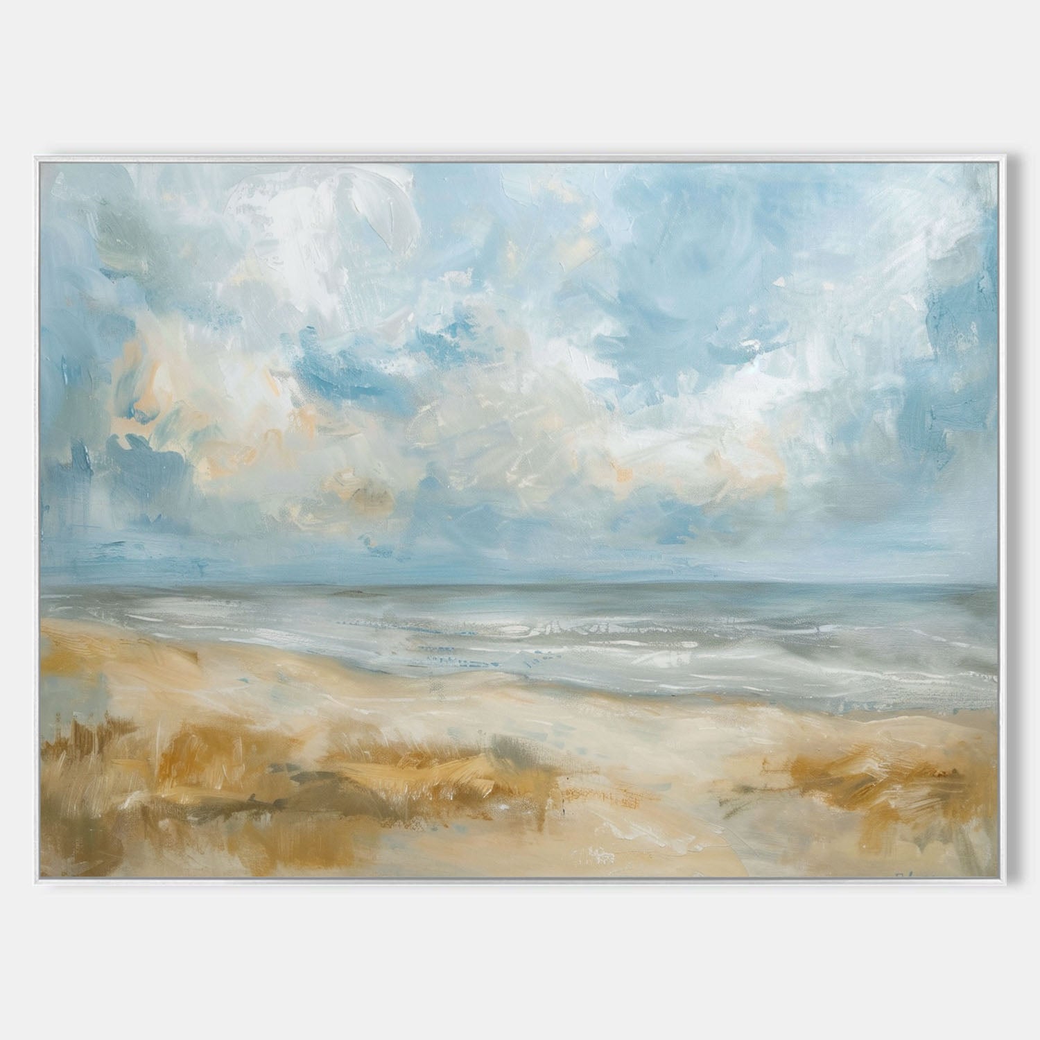 Original hand painted blue grey coastal oil painting canvas wall art, sandy dunes moody sky elegant luxury modern nordic scandinavian h