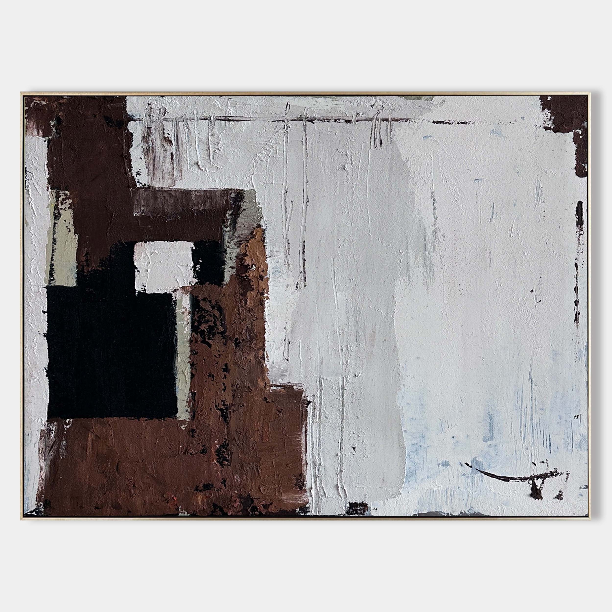 Original hand painted sienna brown black white geometric abstract oil painting canvas wall art, nordic scandinavian elegant luxury mode
