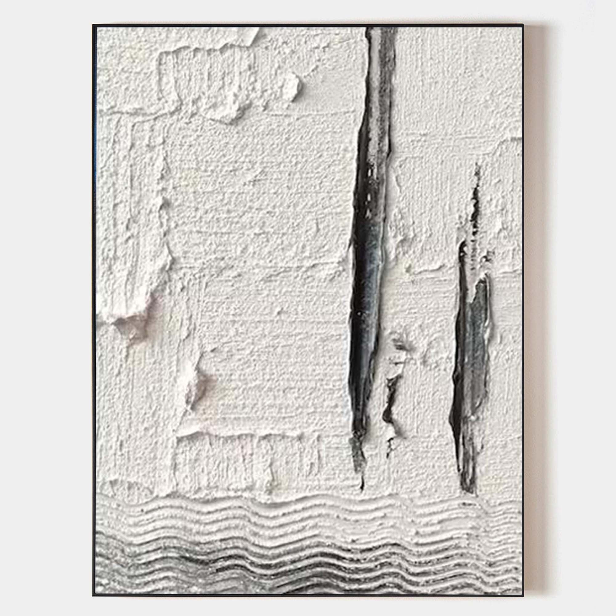 Original hand painted ivory white textured abstract oil painting canvas wall art, dark charcoal fissures, nordic scandinavian minimalis