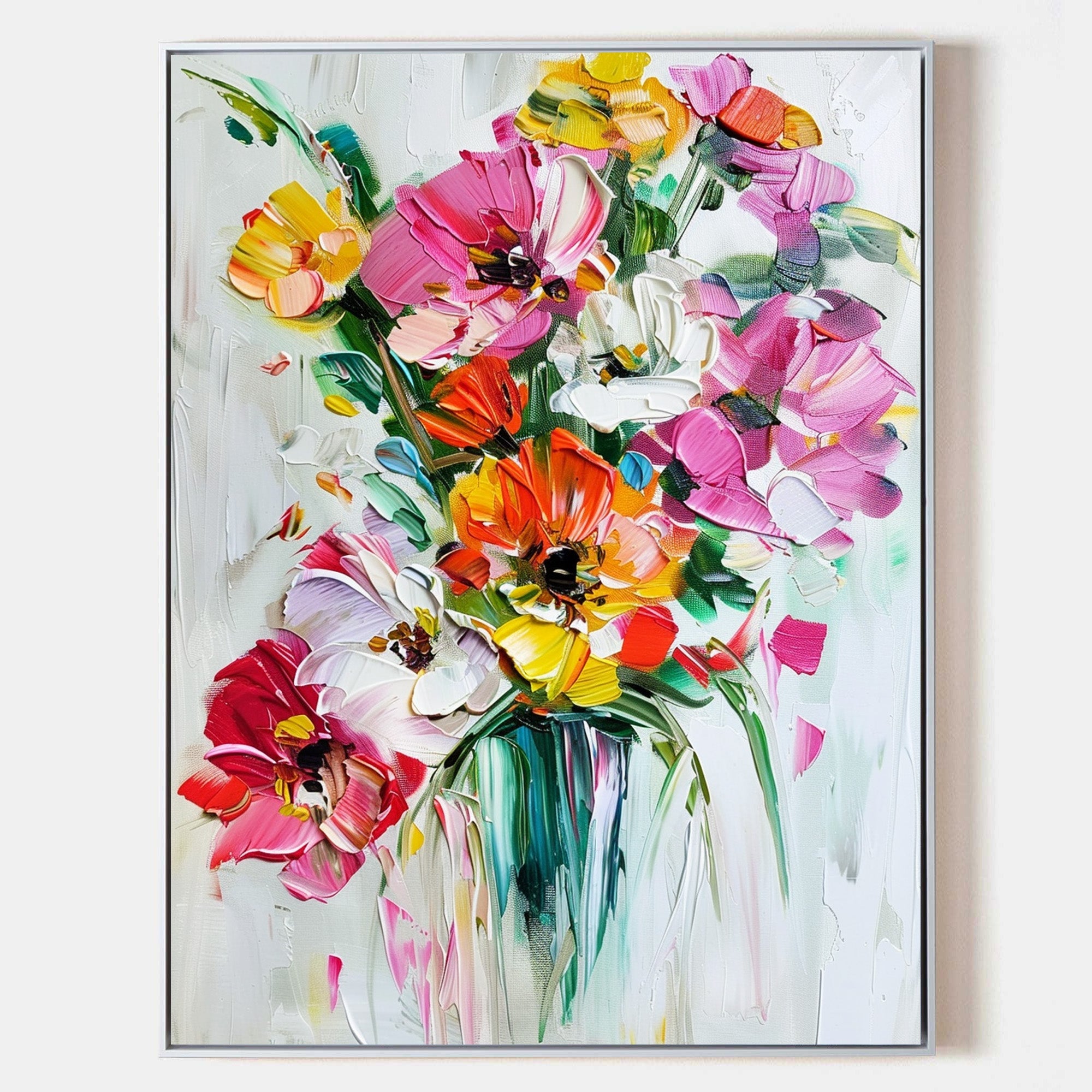 Original hand painted vibrant floral abstract oil painting canvas, pink red orange blooms, elegant luxury modern scandinavian nordic ho