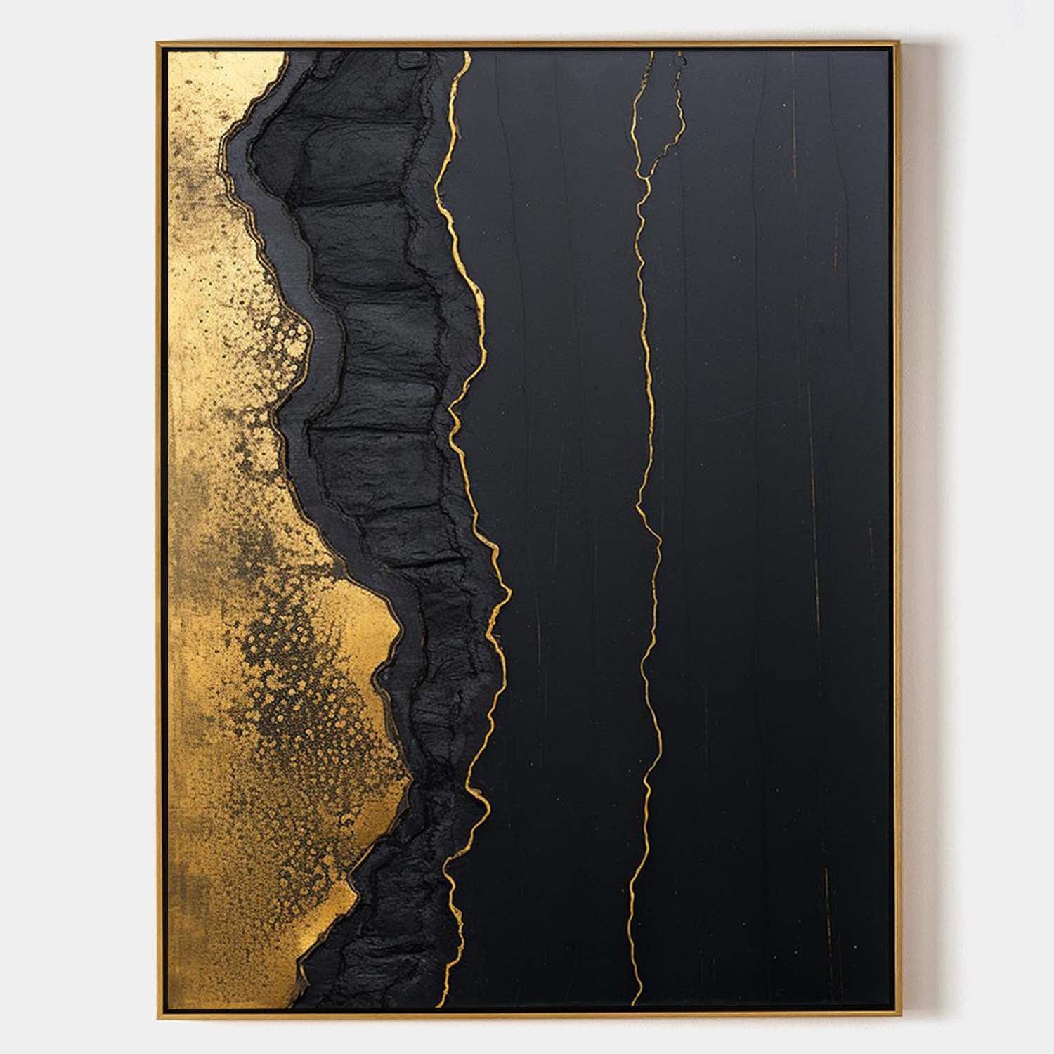 Original hand painted black gold textured abstract oil painting canvas wall art, nordic scandinavian elegant luxury modern living room