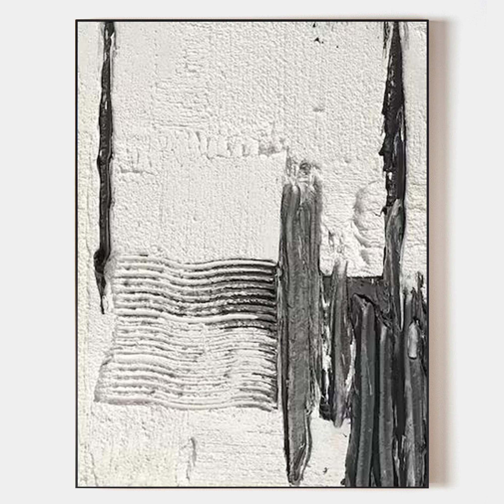 Original hand painted ivory black textured abstract oil painting canvas wall art, nordic scandinavian minimalist elegant luxury modern