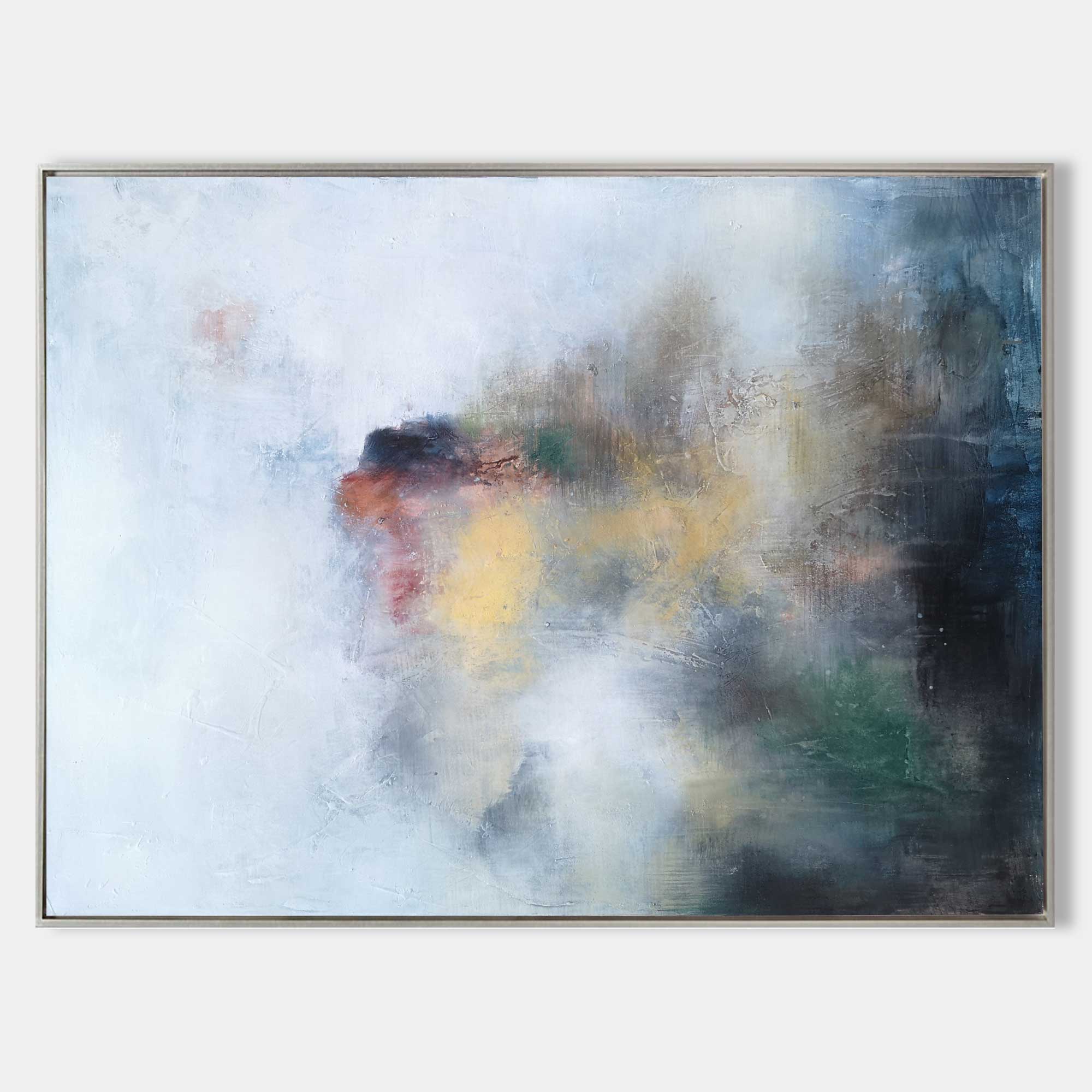 Original hand painted misty blue grey abstract oil painting canvas wall art, ochre terracotta nordic scandinavian elegant luxury modern