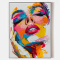 Original hand painted vibrant abstract woman face oil painting canvas wall art, bold magenta teal yellow modern elegant luxury home dec