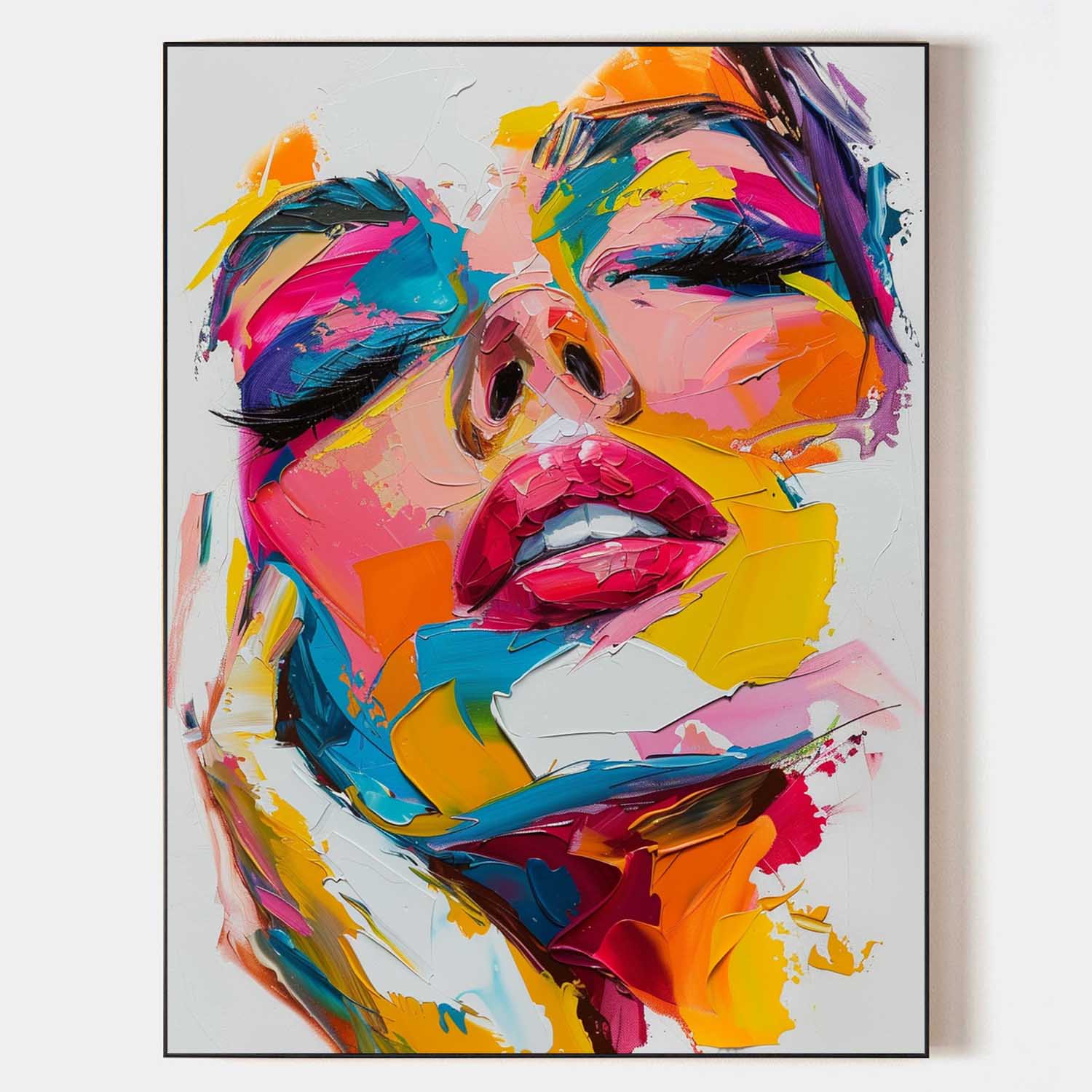 Original hand painted vibrant abstract woman face oil painting canvas wall art, bold magenta teal yellow modern elegant luxury home dec