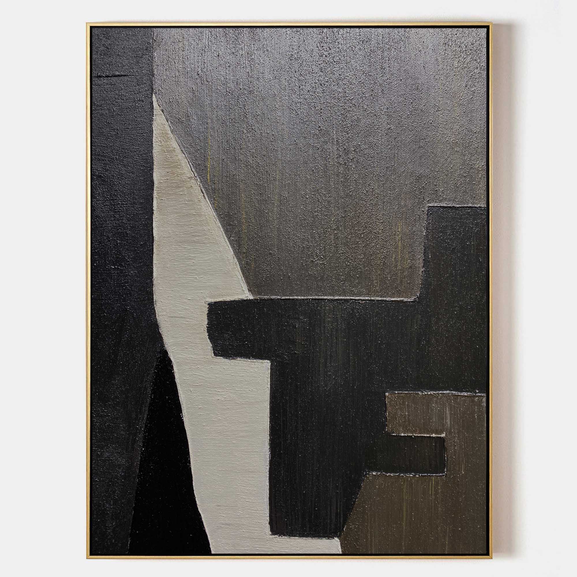 Original hand painted charcoal black grey geometric abstract oil painting canvas wall art, nordic scandinavian minimalist elegant luxur