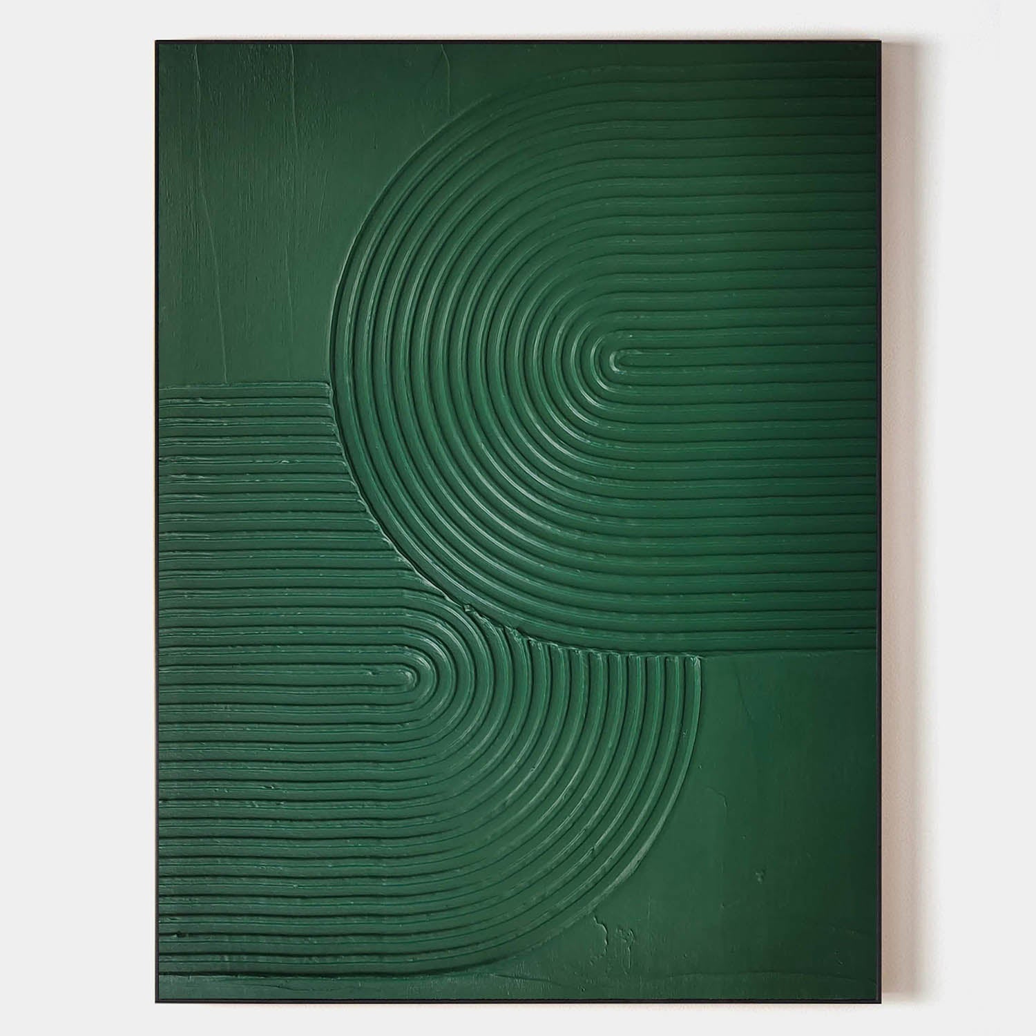 Original hand painted emerald green abstract oil painting canvas, raised concentric arches texture, nordic scandinavian minimalist eleg