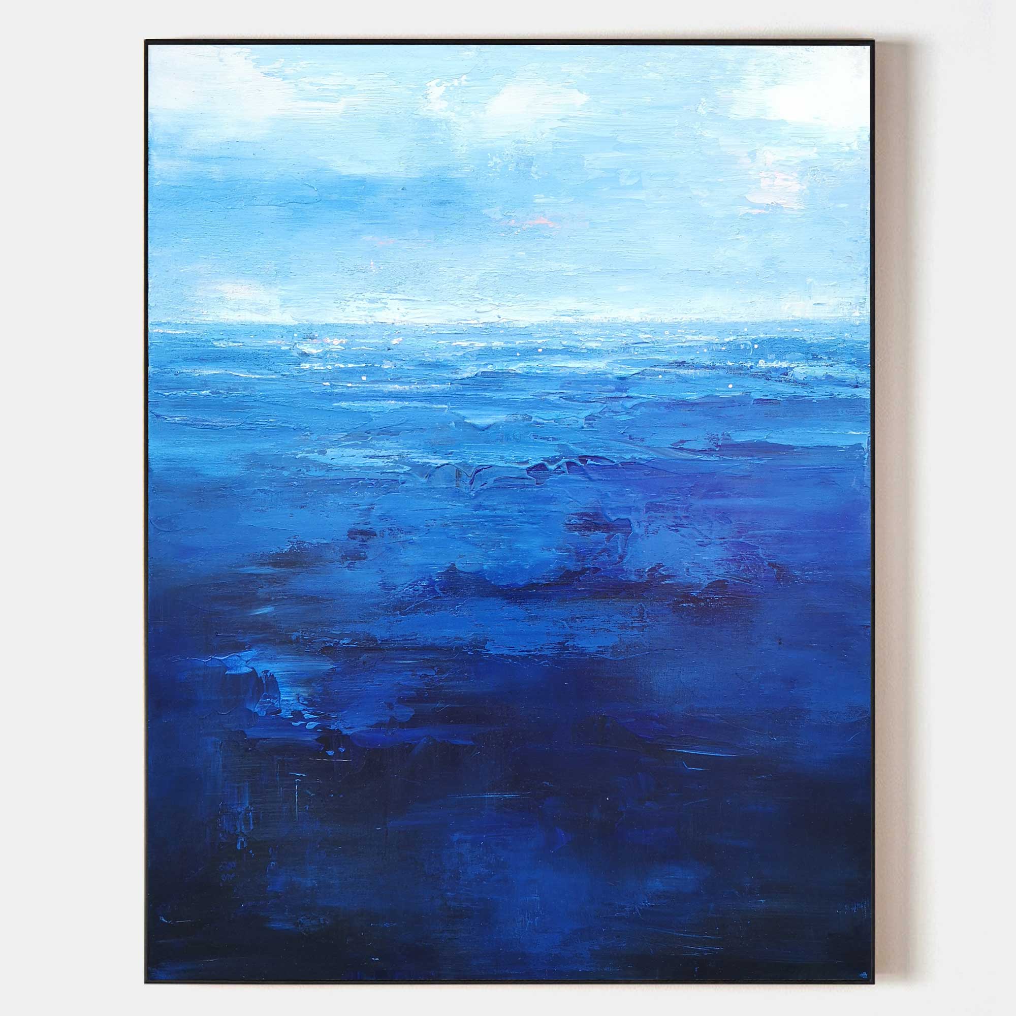 Original hand painted deep navy cobalt blue ocean abstract oil painting canvas wall art, nordic scandinavian elegant luxury modern coas
