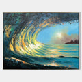 Original hand painted teal blue gold wave abstract oil painting canvas wall art, elegant luxury modern coastal home decor interior desi