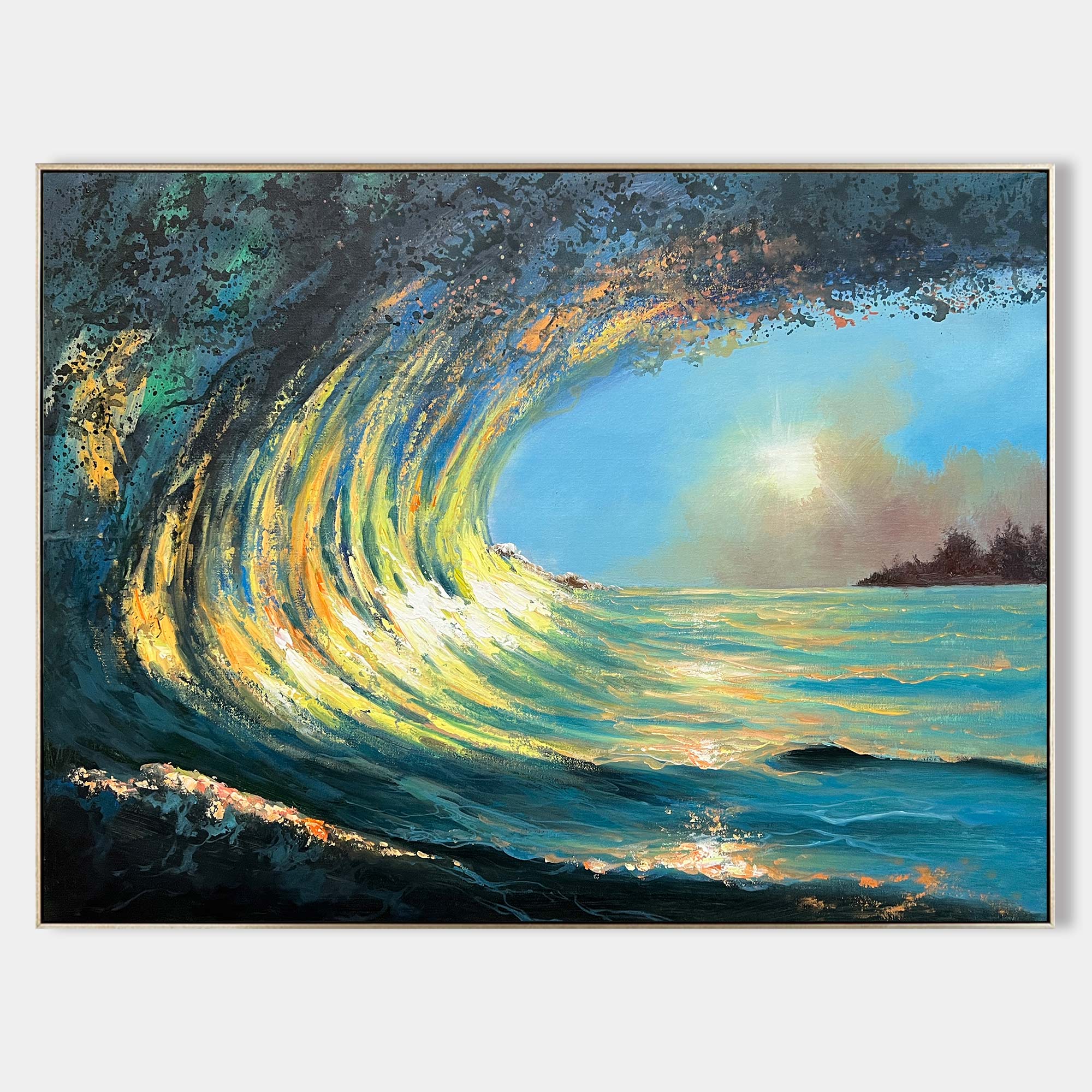 Original hand painted teal blue gold wave abstract oil painting canvas wall art, elegant luxury modern coastal home decor interior desi