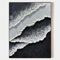 Original hand painted black white coastal abstract oil painting canvas, textured ocean foam waves, scandinavian nordic elegant luxury m