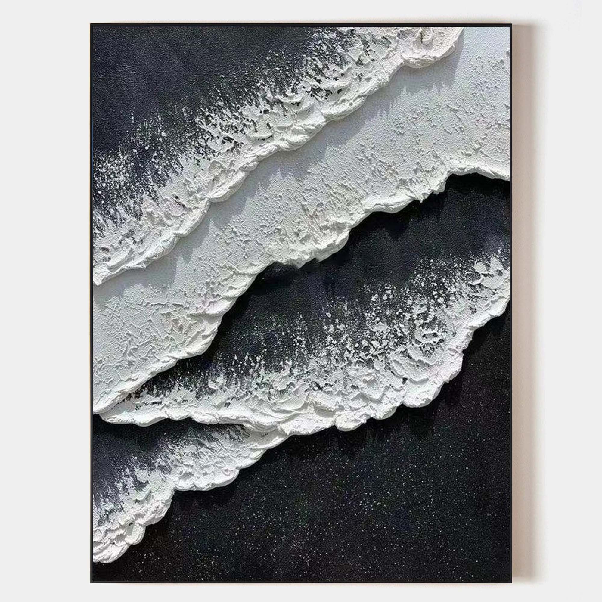 Original hand painted black white coastal abstract oil painting canvas, textured ocean foam waves, scandinavian nordic elegant luxury m