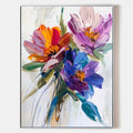 Original hand painted abstract floral oil painting, vibrant orange purple blue blooms impasto canvas wall art modern elegant luxury hom
