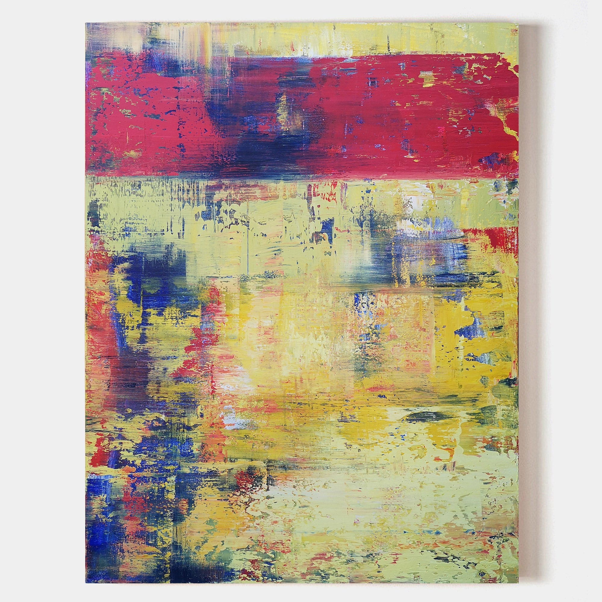 Original hand painted crimson red cobalt blue gold abstract oil painting canvas wall art, modern elegant luxury eclectic interior desig