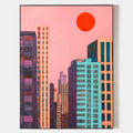 Original hand painted pink sky red sun teal violet cityscape abstract oil painting canvas, modern elegant luxury urban home decor inter