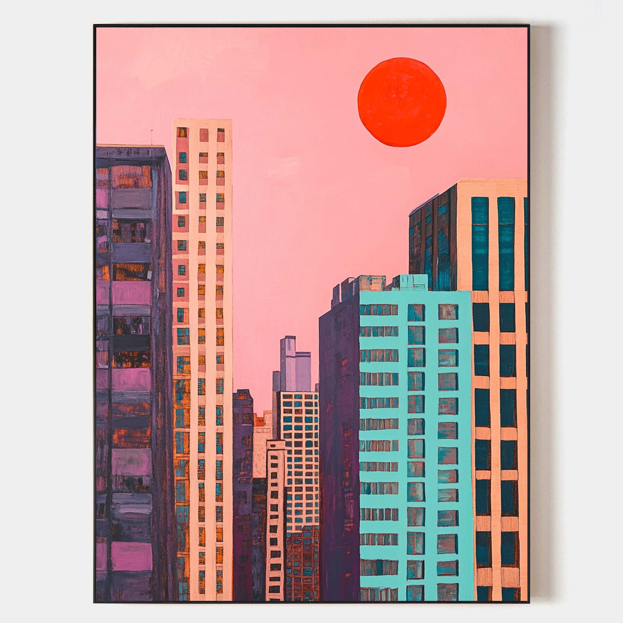 Original hand painted pink sky red sun teal violet cityscape abstract oil painting canvas, modern elegant luxury urban home decor inter