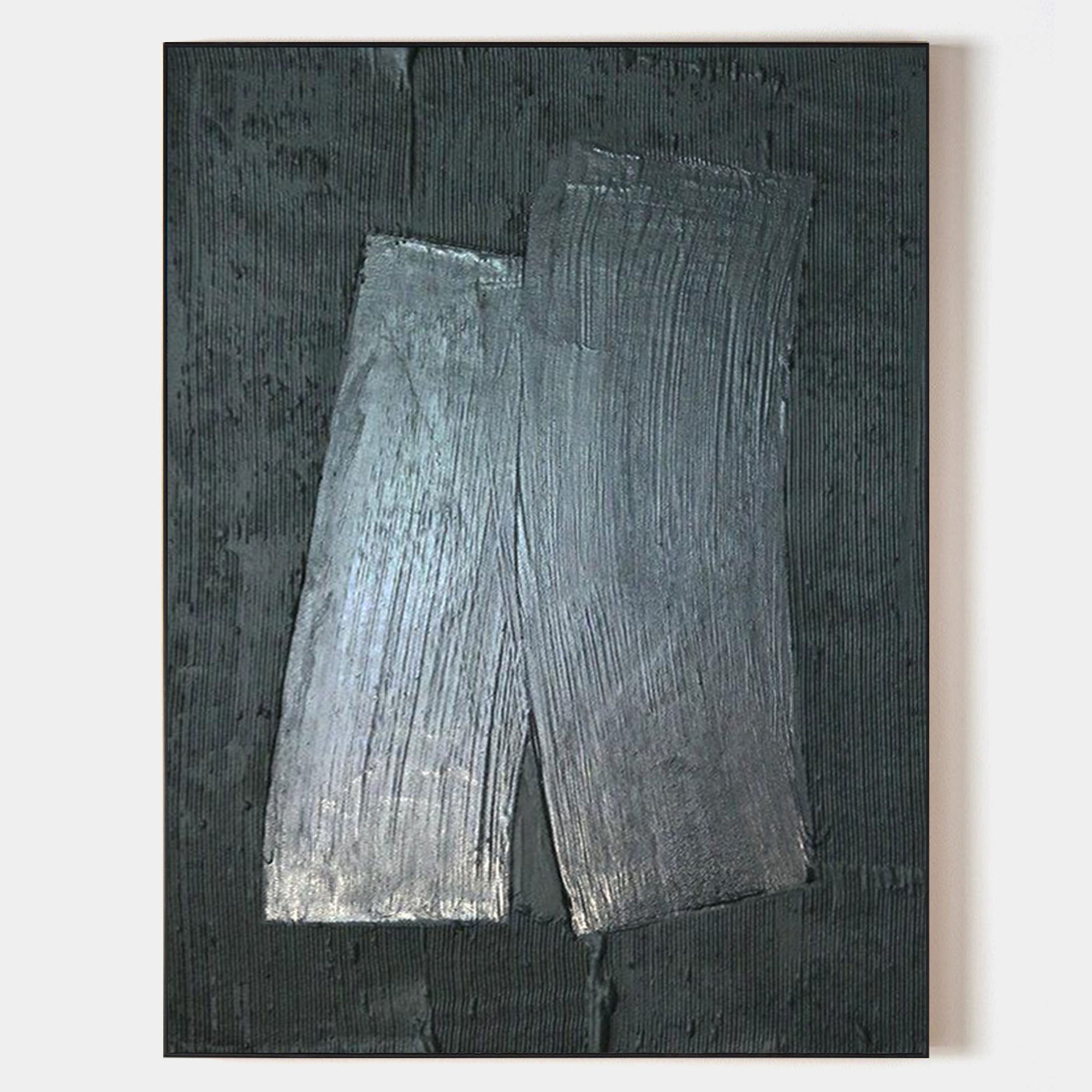 Original hand painted silver grey abstract oil painting canvas, textured raised forms on dark slate, nordic scandinavian elegant luxury