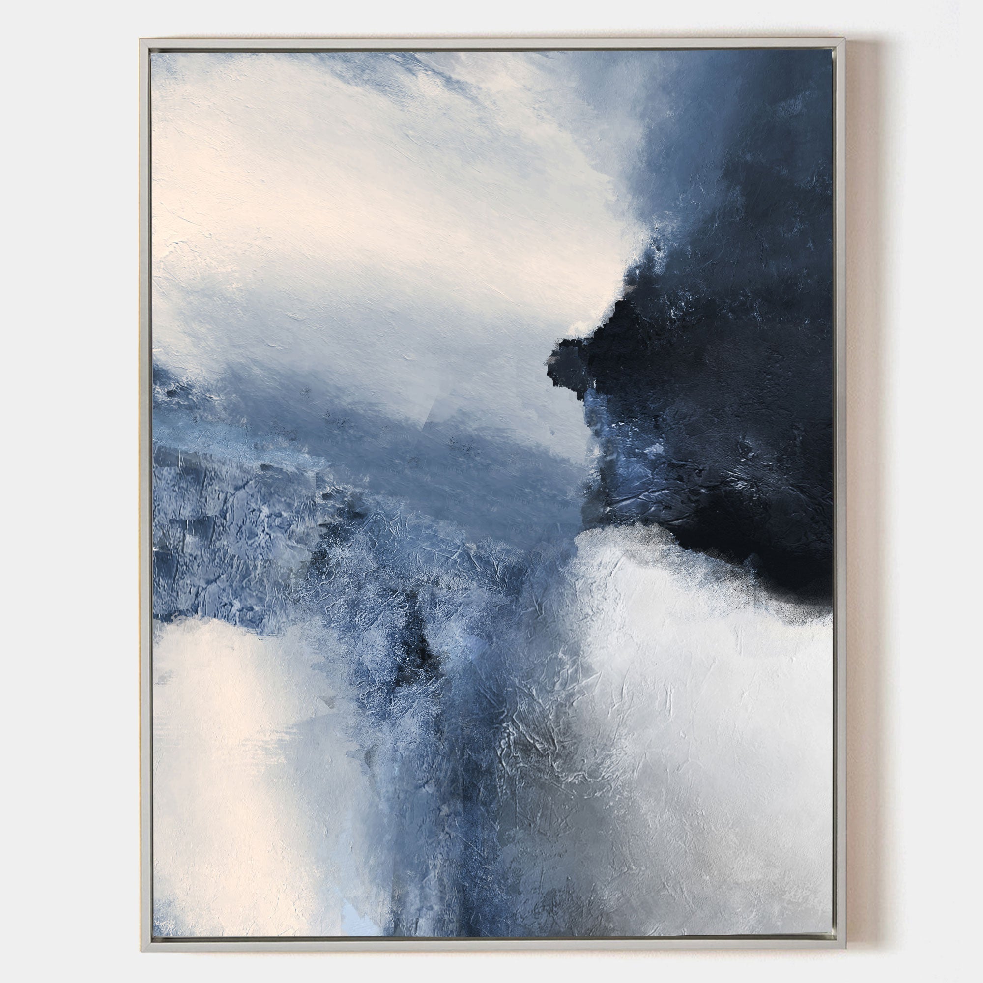 Original hand painted deep navy blue white abstract oil painting canvas wall art, nordic scandinavian elegant luxury modern living room
